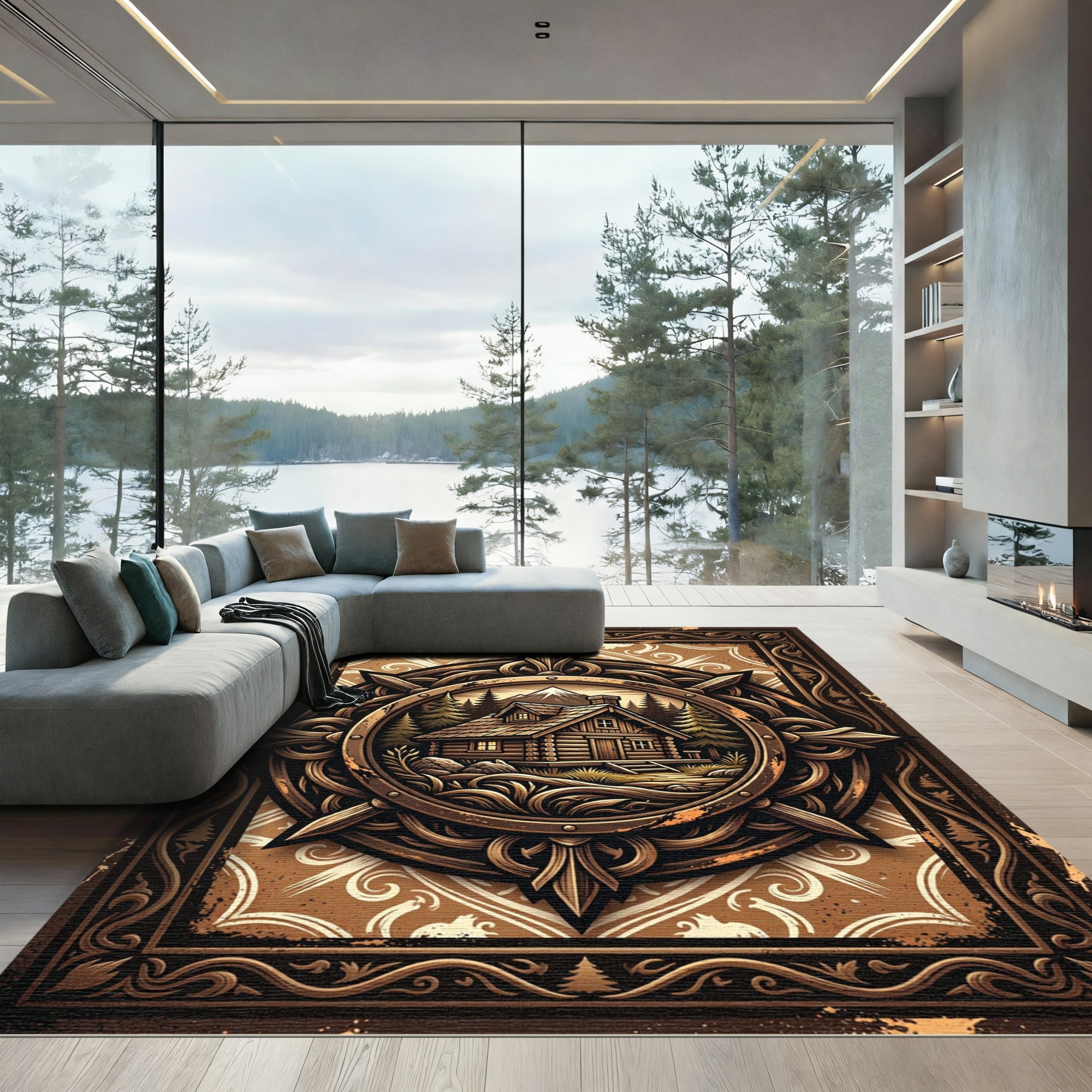 Rustic Bronze Mountain Cabin Medallion Rug