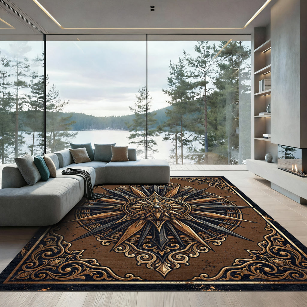 Ornate Bronze Compass Star Medallion Rug
