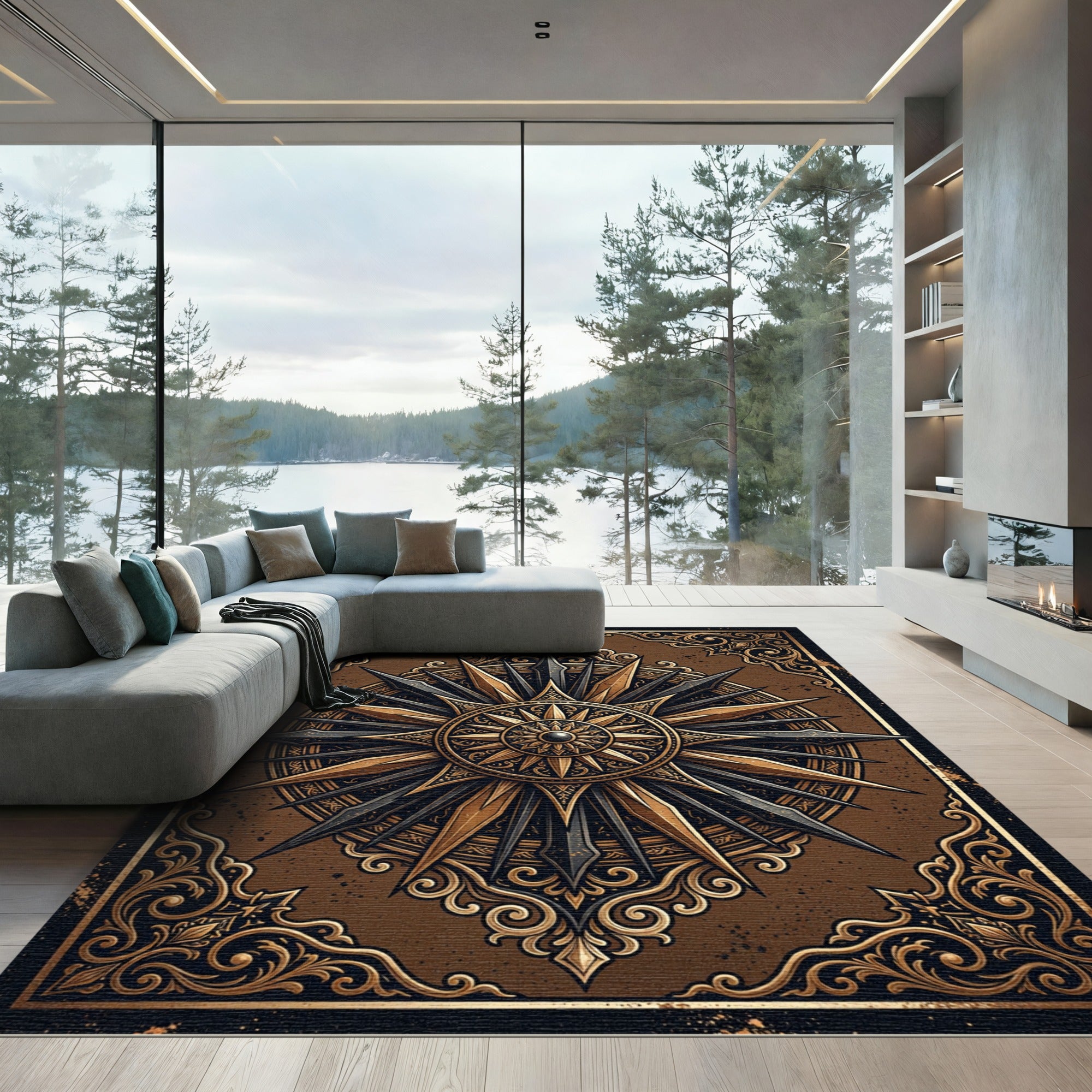 Ornate Bronze Compass Star Medallion Rug