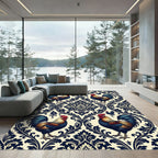 Navy Rooster Damask Cream Folk Art Rug