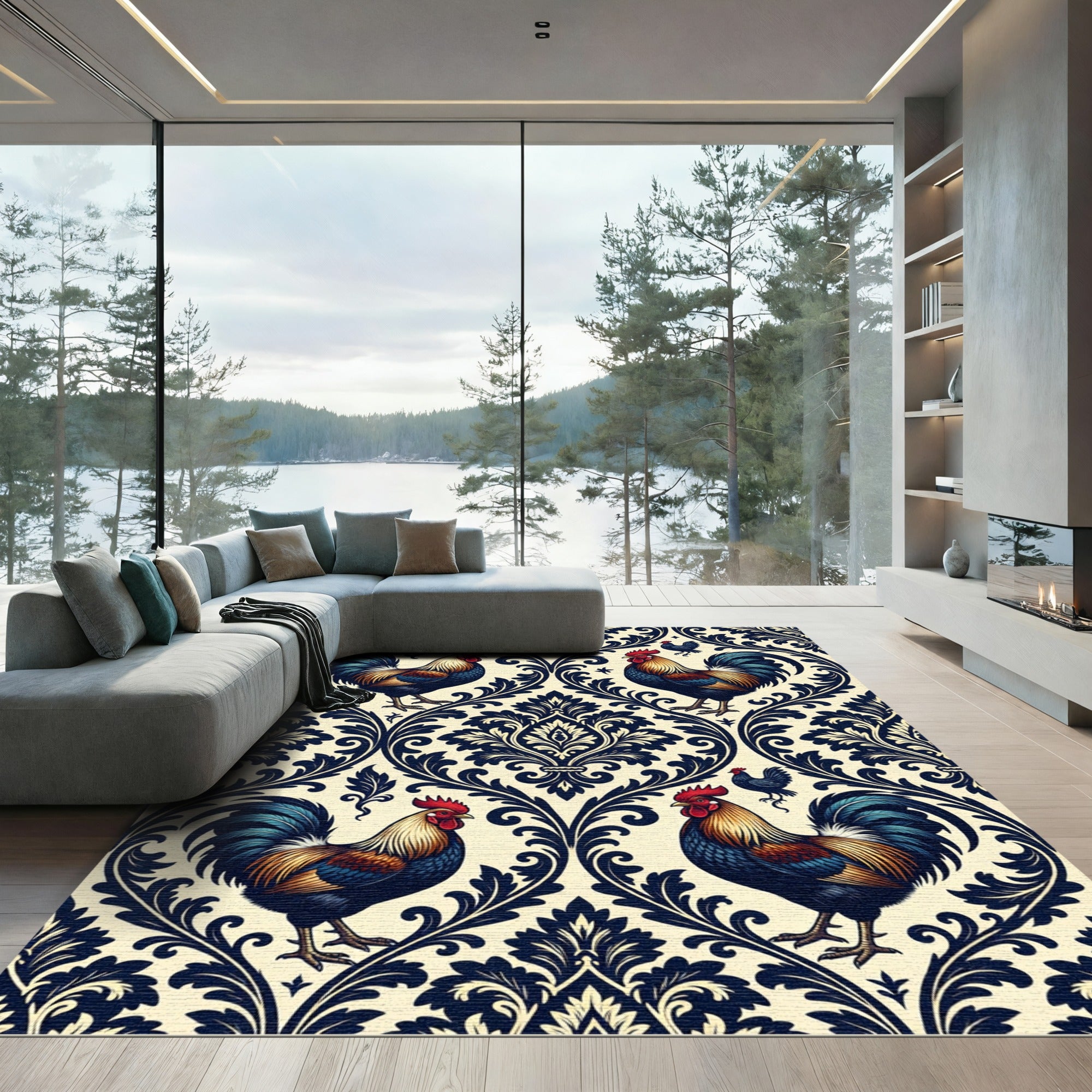 Navy Rooster Damask Cream Folk Art Rug