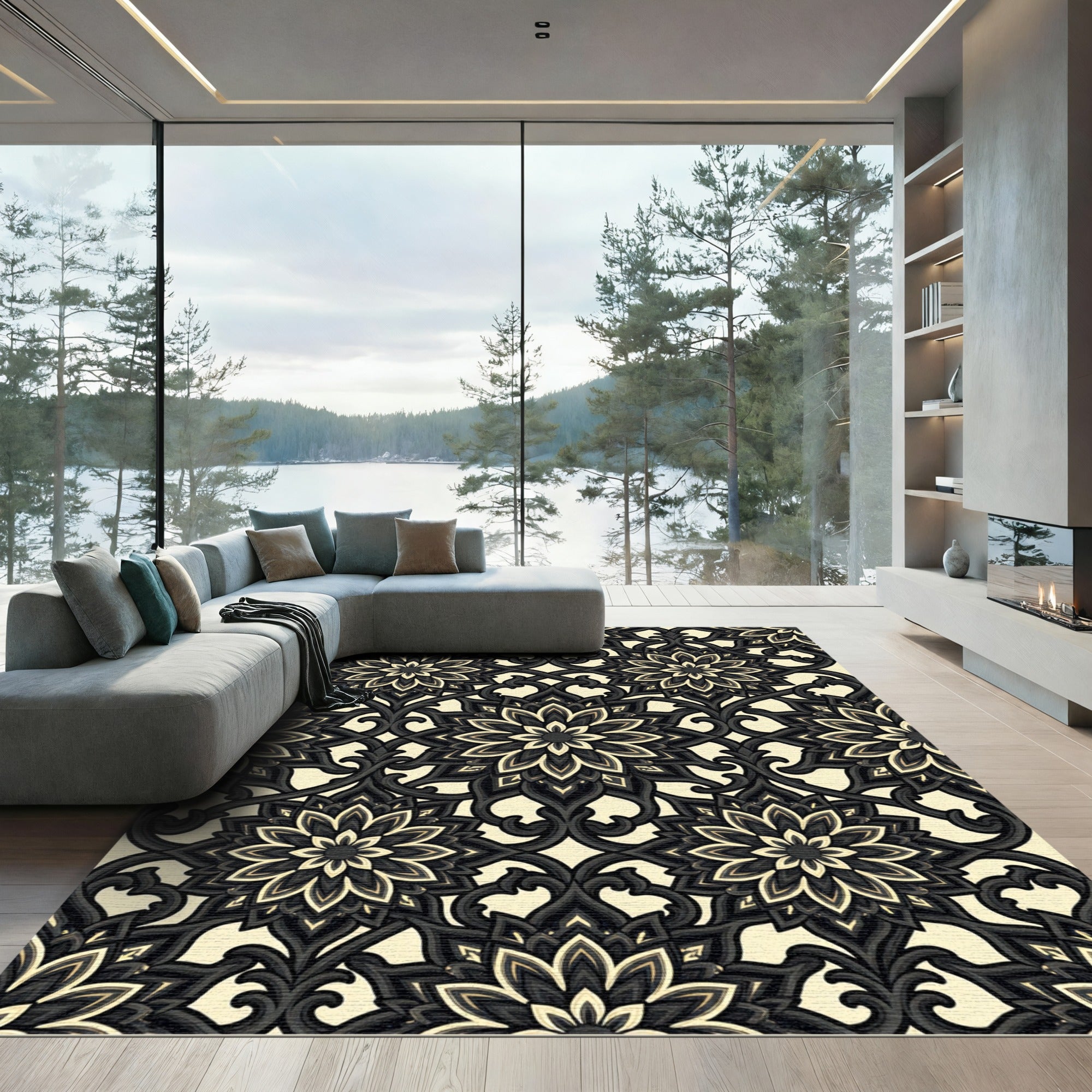Dark Floral Filigree Medallion Rug