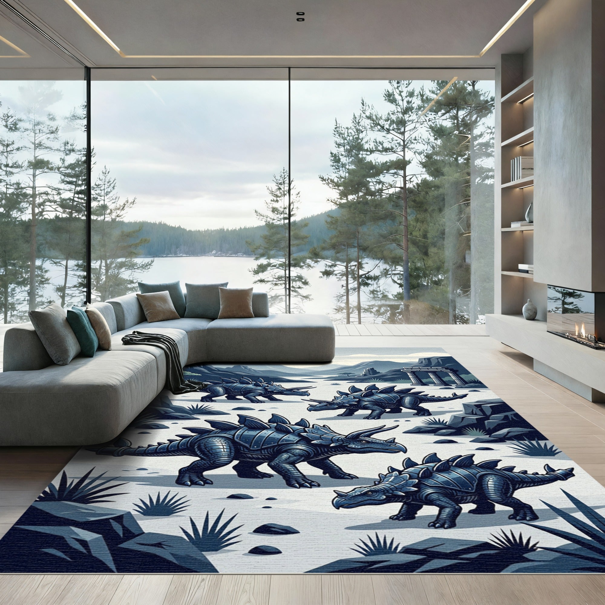 Metallic Stegosaurus Triceratops Prehistoric Landscape Rug