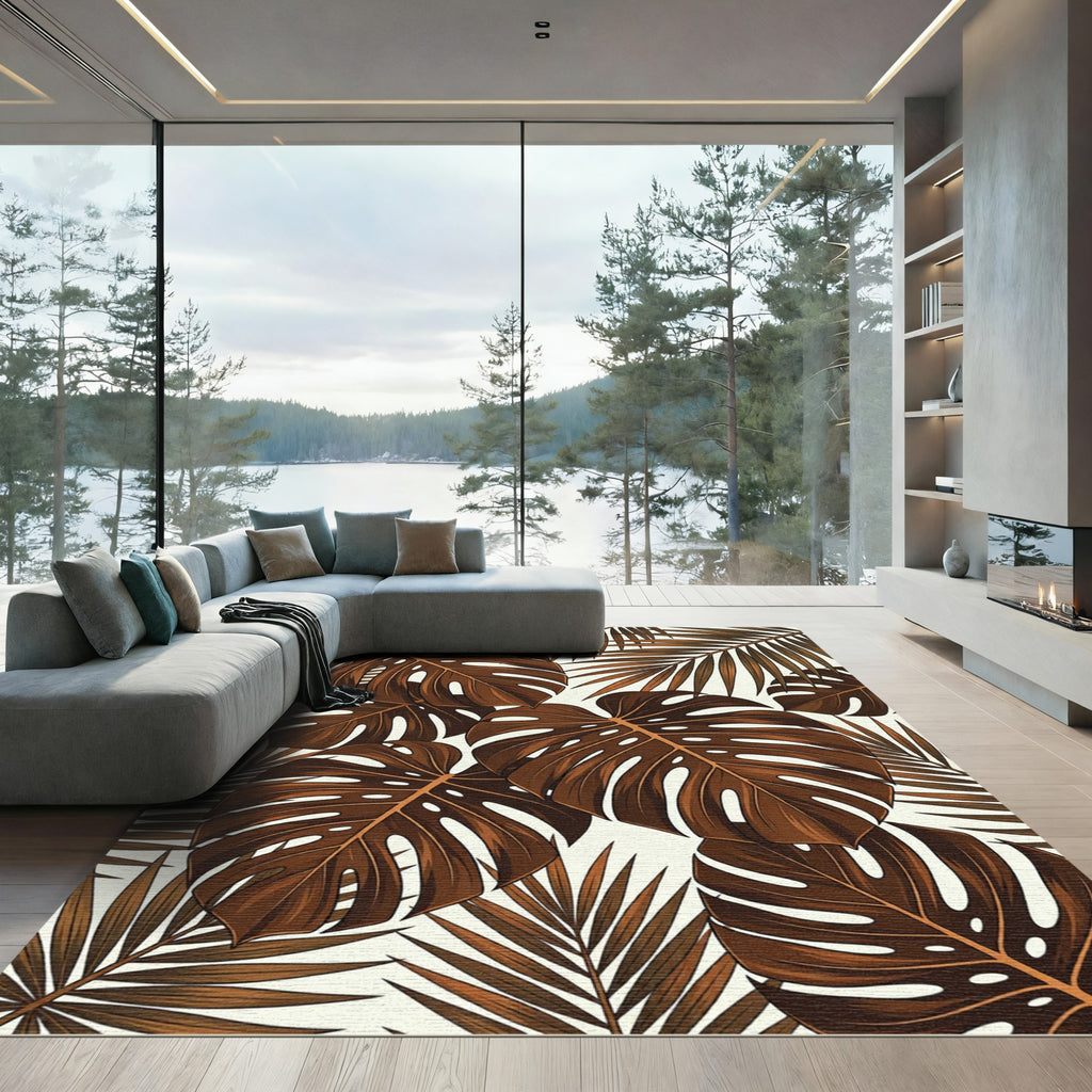 Bronze Tropical Monstera and Palm Fronds Rug