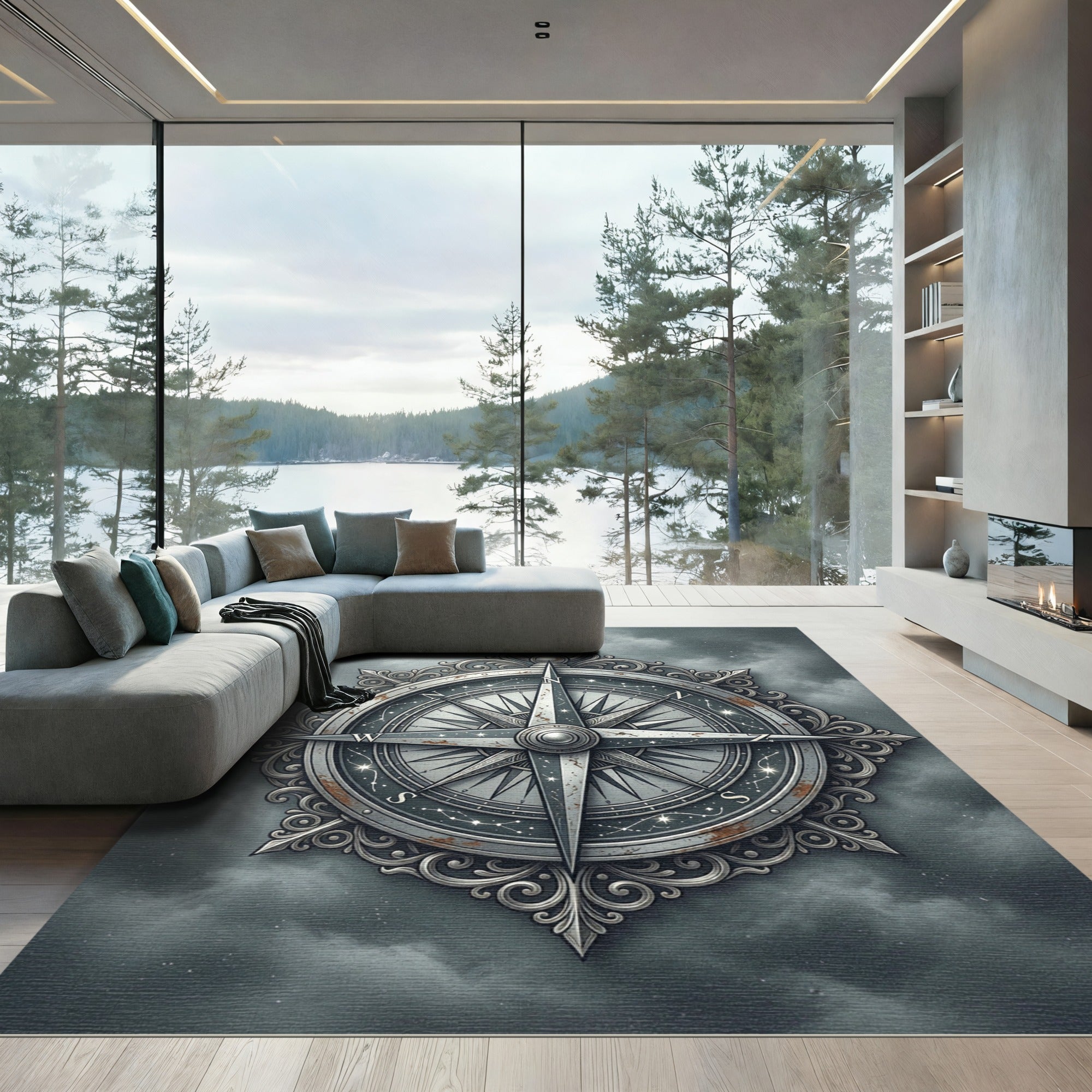 Antique Silver Celestial Compass Medallion Rug