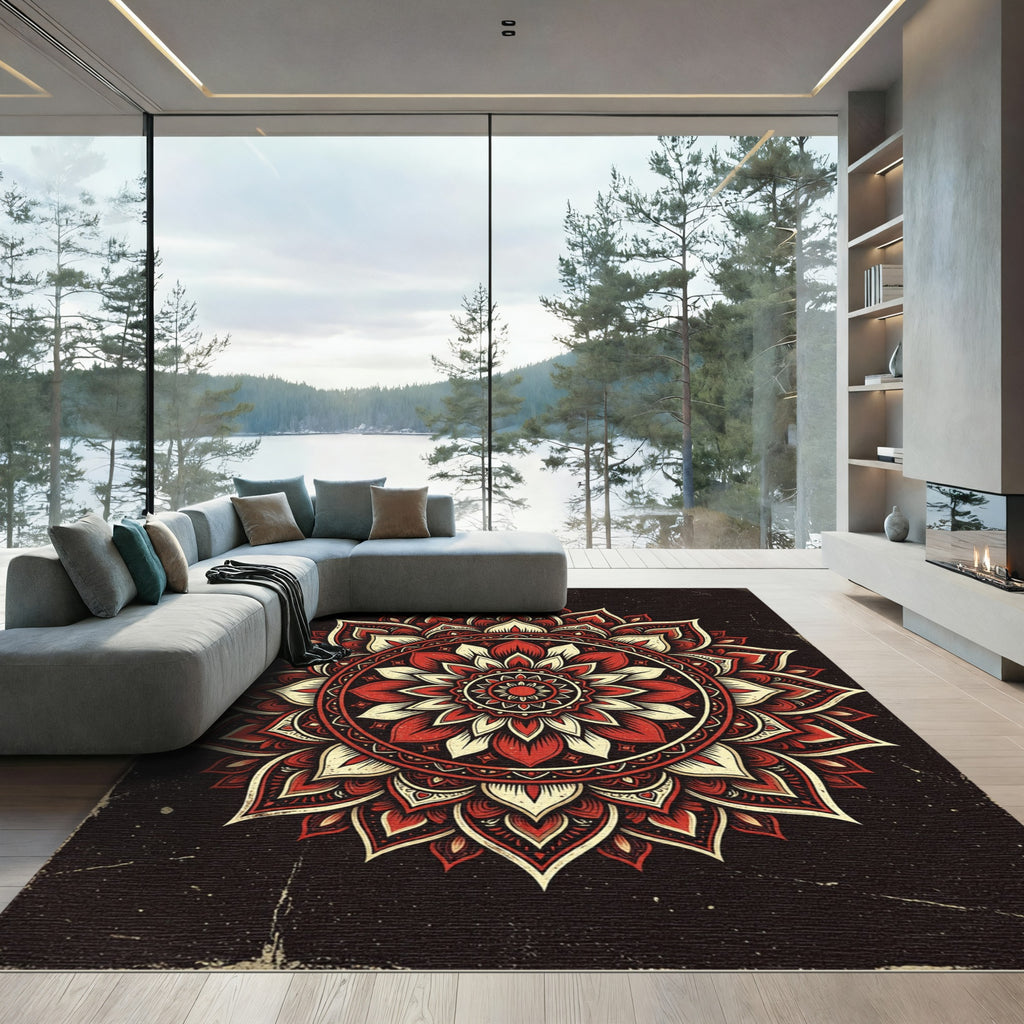Crimson Floral Mandala medallion Rug