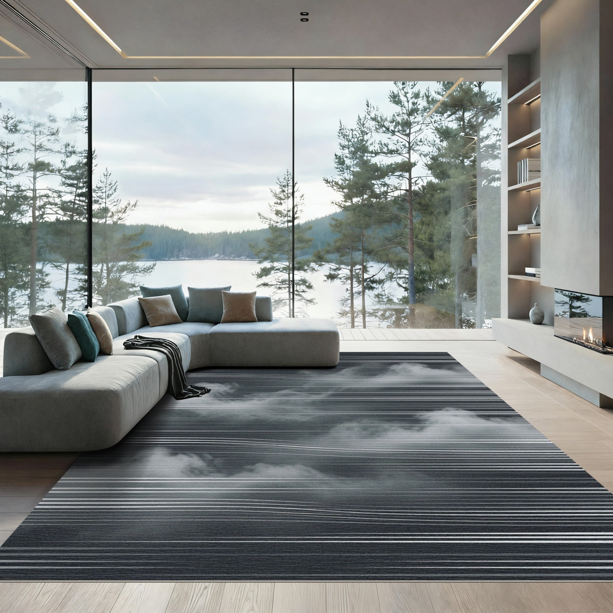 Monochrome Abstract Cloud Line Art Rug