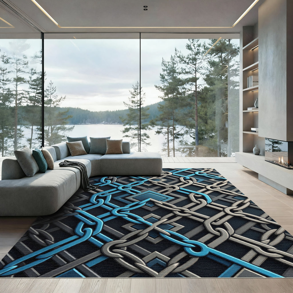 Abstract Navy and Silver Interlocking Chain Rug