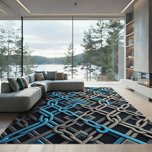Abstract Navy and Silver Interlocking Chain Rug