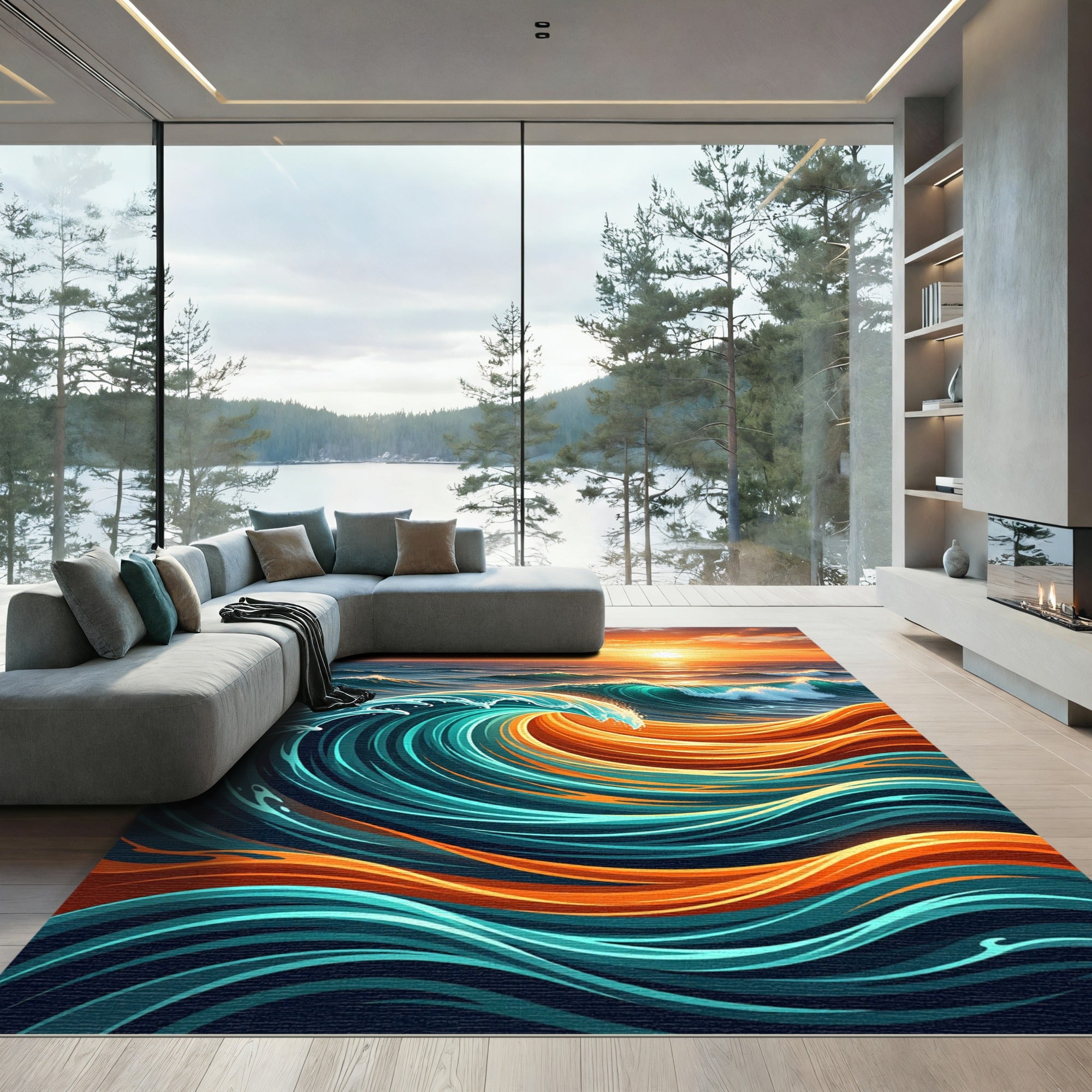Golden Sunset Ocean Wave Art Rug