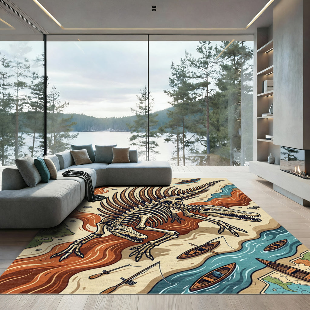 Earthy Brown Fossilized Spinosaurus Skeleton Rug