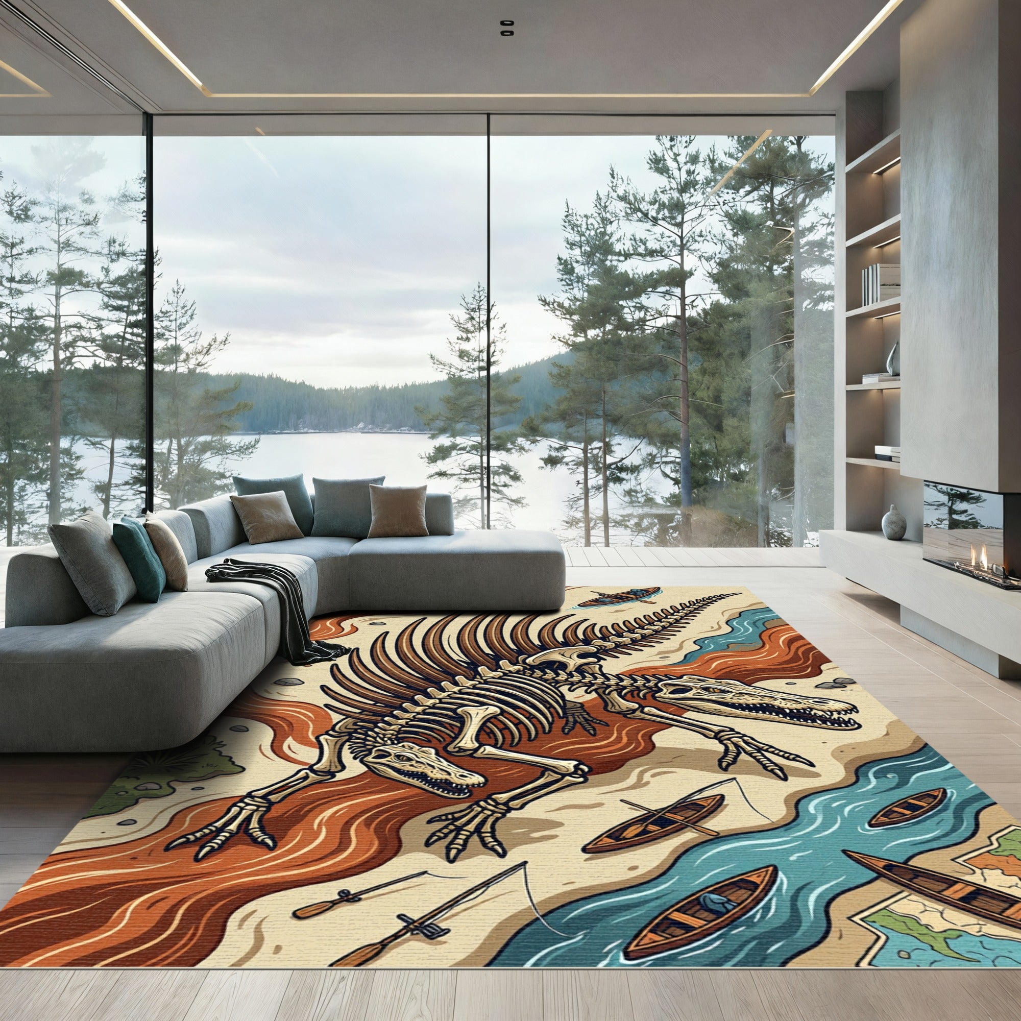 Earthy Brown Fossilized Spinosaurus Skeleton Rug