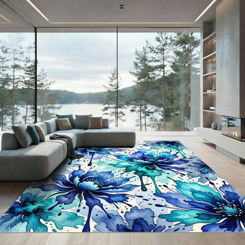 Abstract Indigo Floral Watercolor Wash Rug