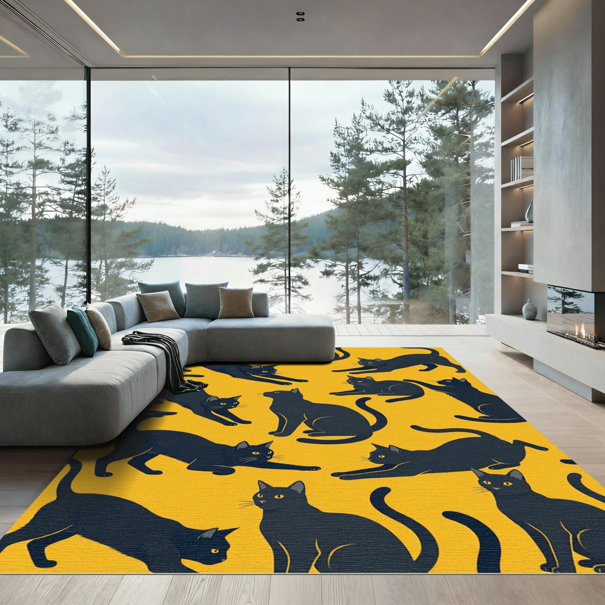 Black Cats All Over Yellow Rug