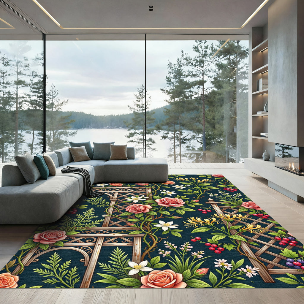 Midnight Botanical Rose Trellis Garden Rug
