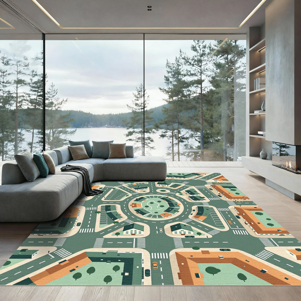 Modern Geometric Urban City Block Grid Rug