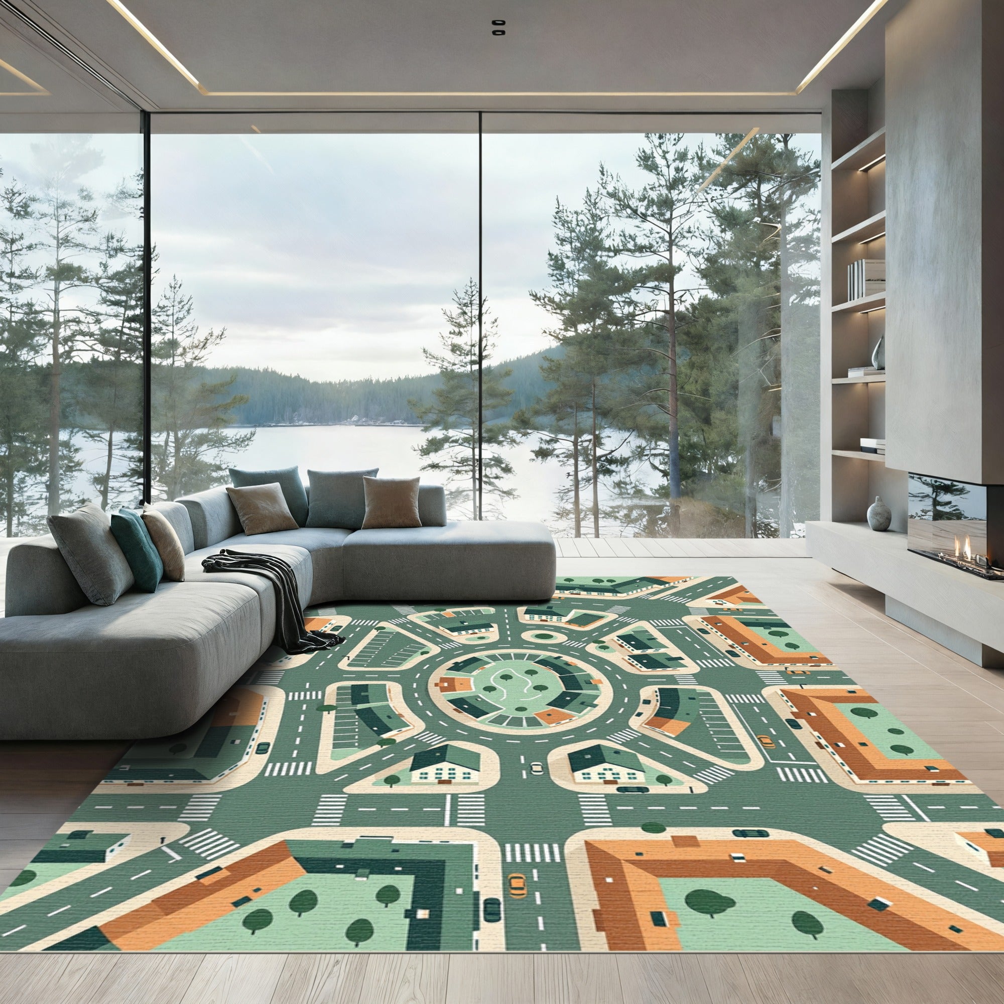 Modern Geometric Urban City Block Grid Rug