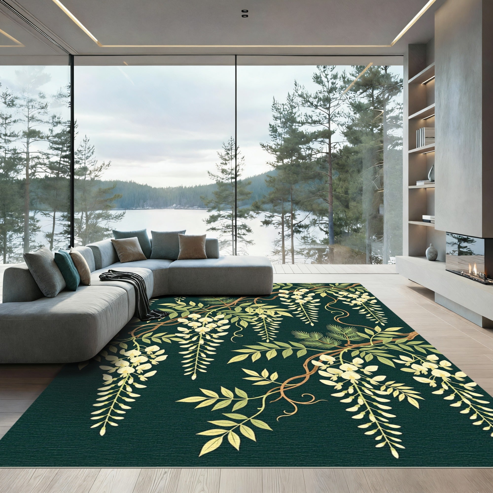 Cream Wisteria Vine Emerald Background Rug