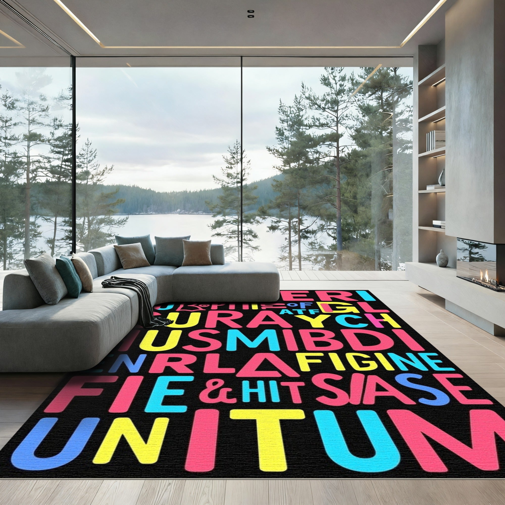 Bold Multicolored Typographic Statement Rug