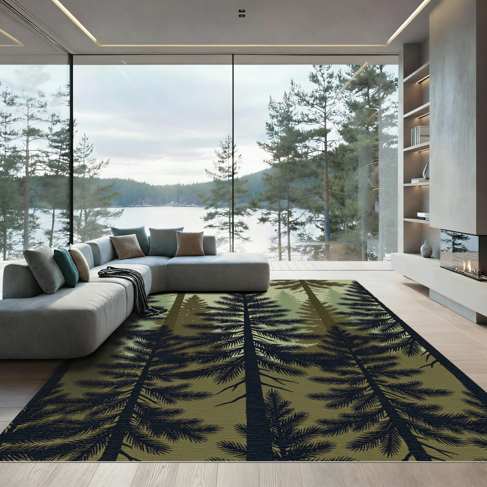 Dark Forest Silhouette Pine Trees Rug