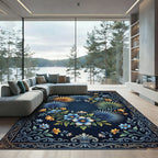Art Deco Blue Gold Tropical Floral Rug