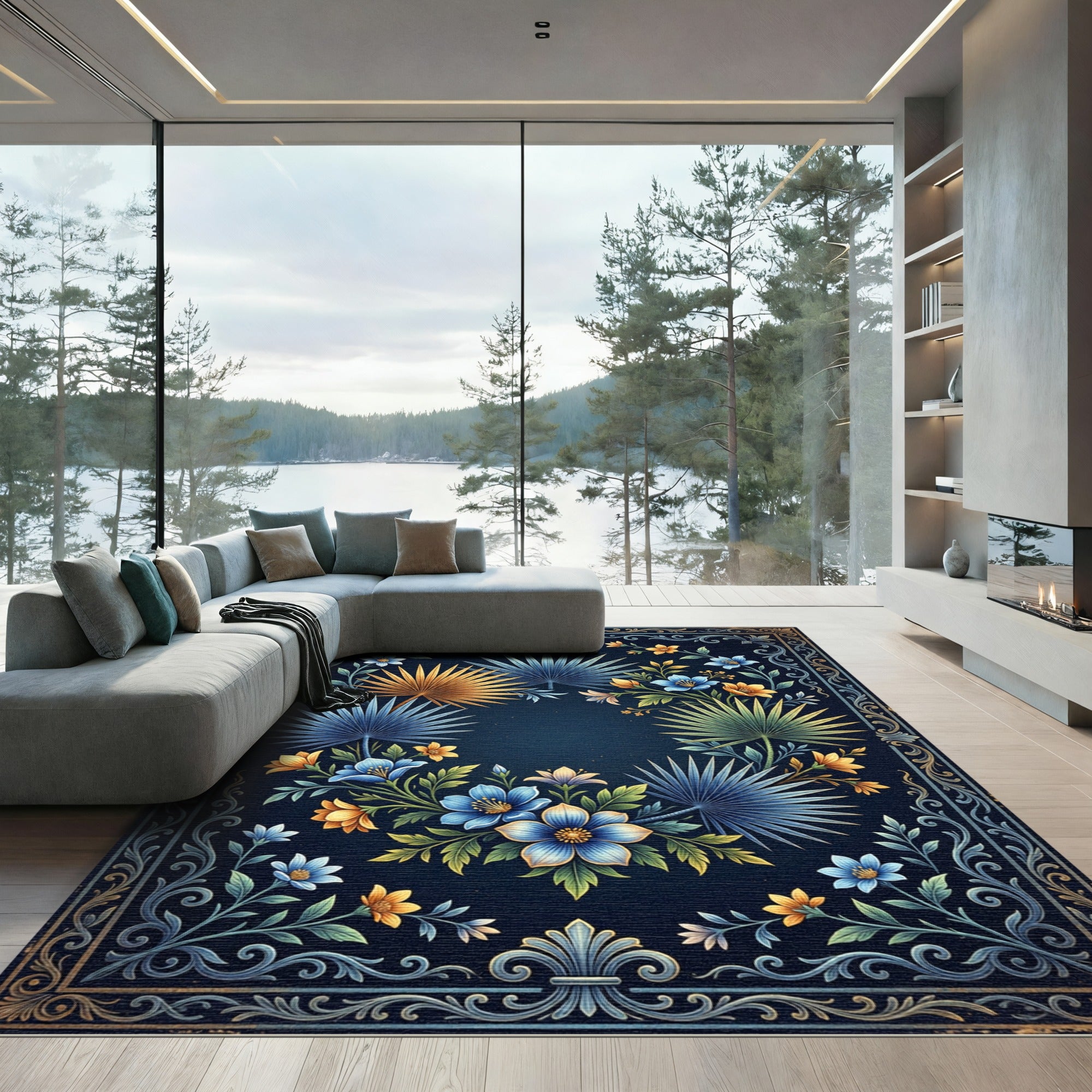 Art Deco Blue Gold Tropical Floral Rug