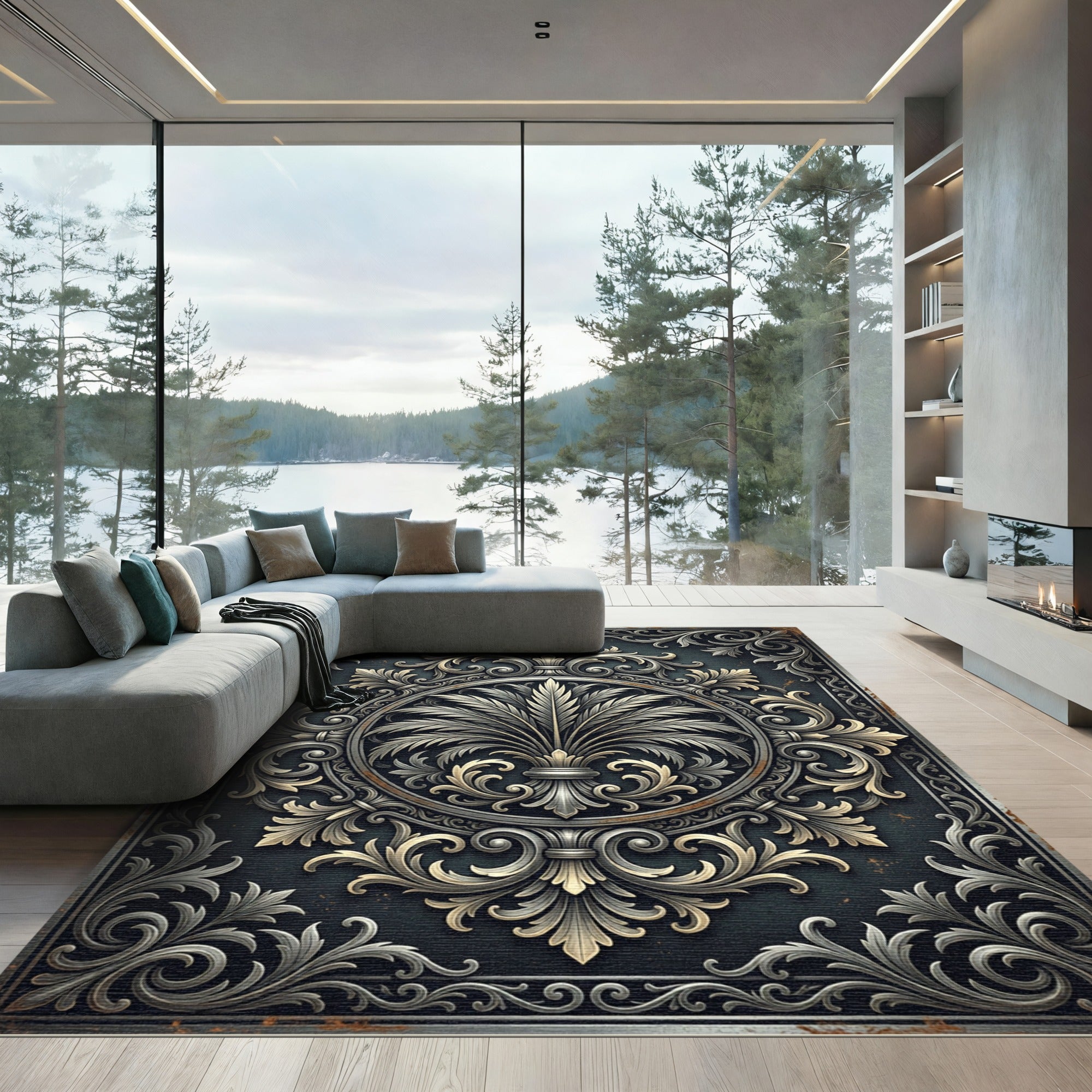 Ornate Charcoal Metallic Filigree Medallion Rug