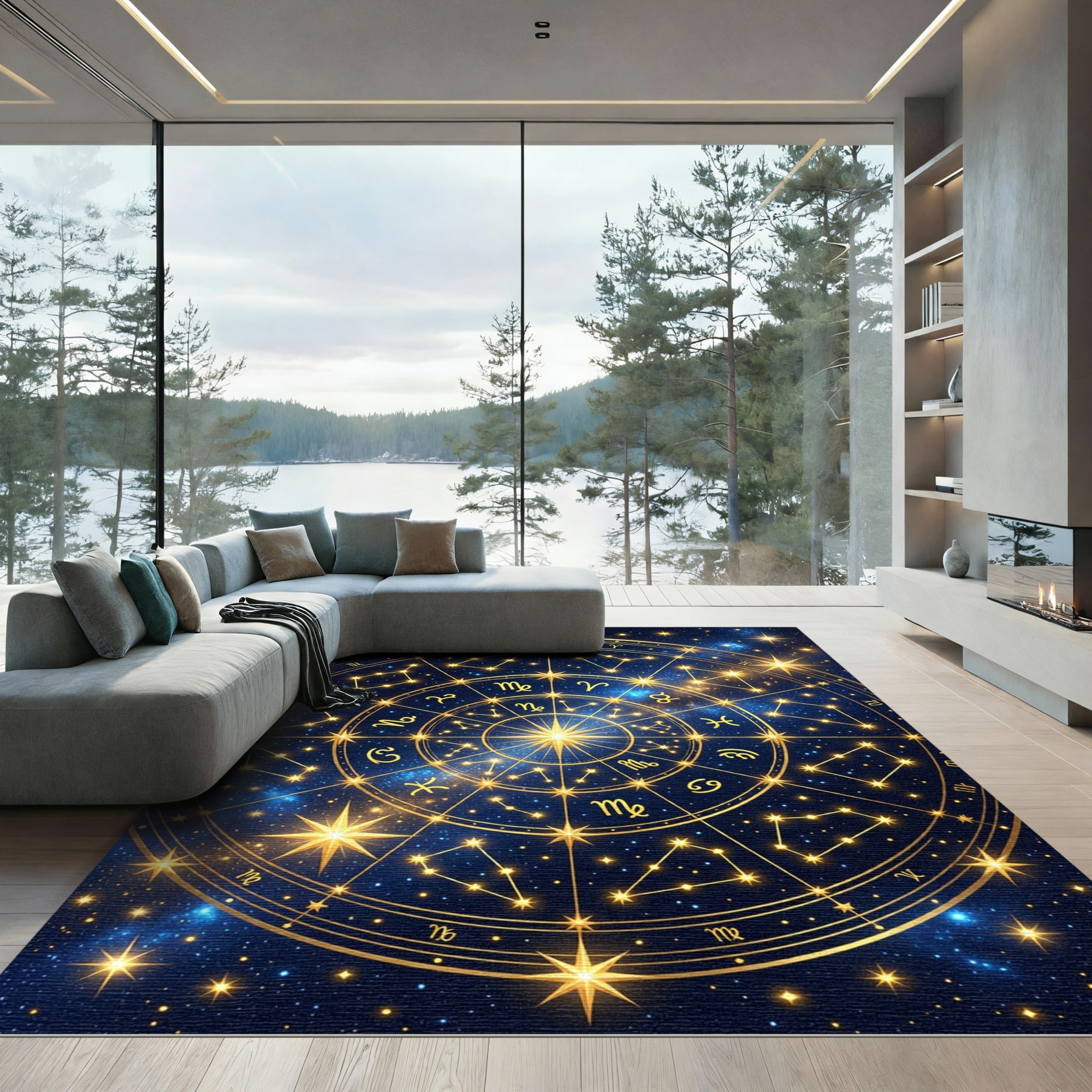 Celestial Golden Zodiac Constellation Map Rug