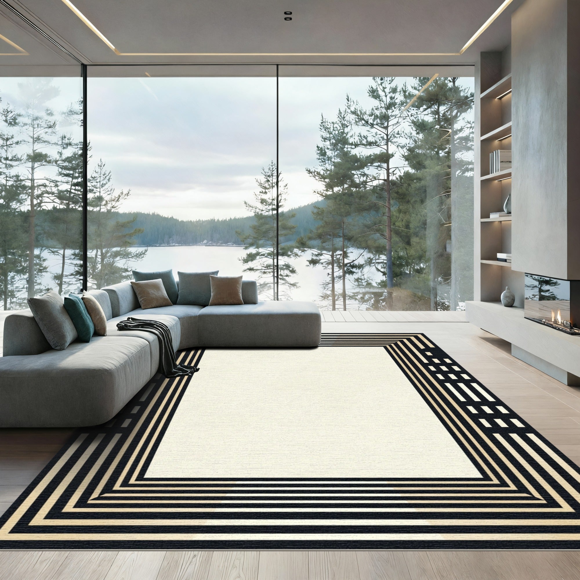 Art Deco Black Gold Concentric Rectangles Rug