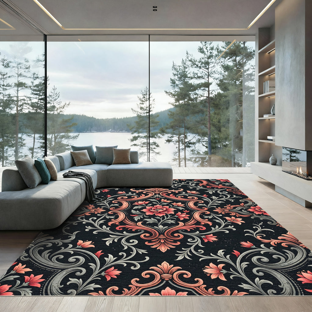 Elegant Coral Floral Damask Scroll Rug