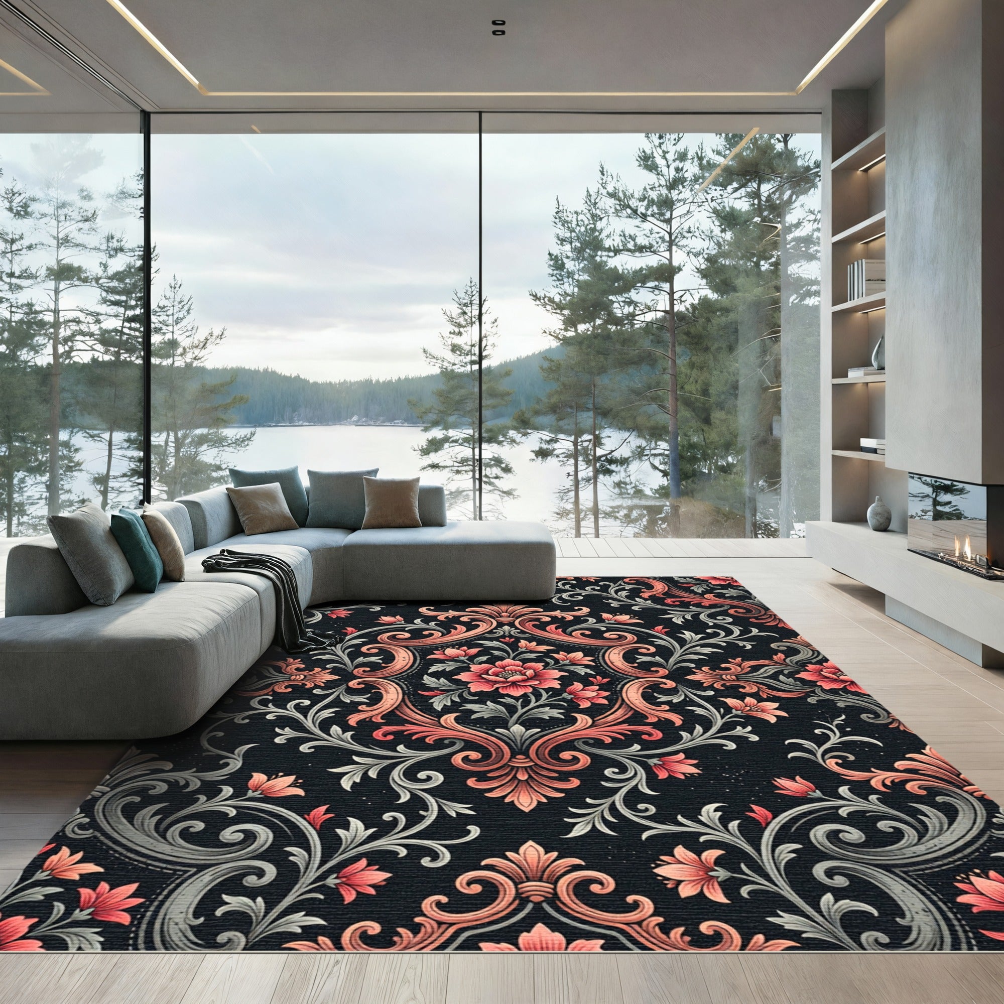 Elegant Coral Floral Damask Scroll Rug