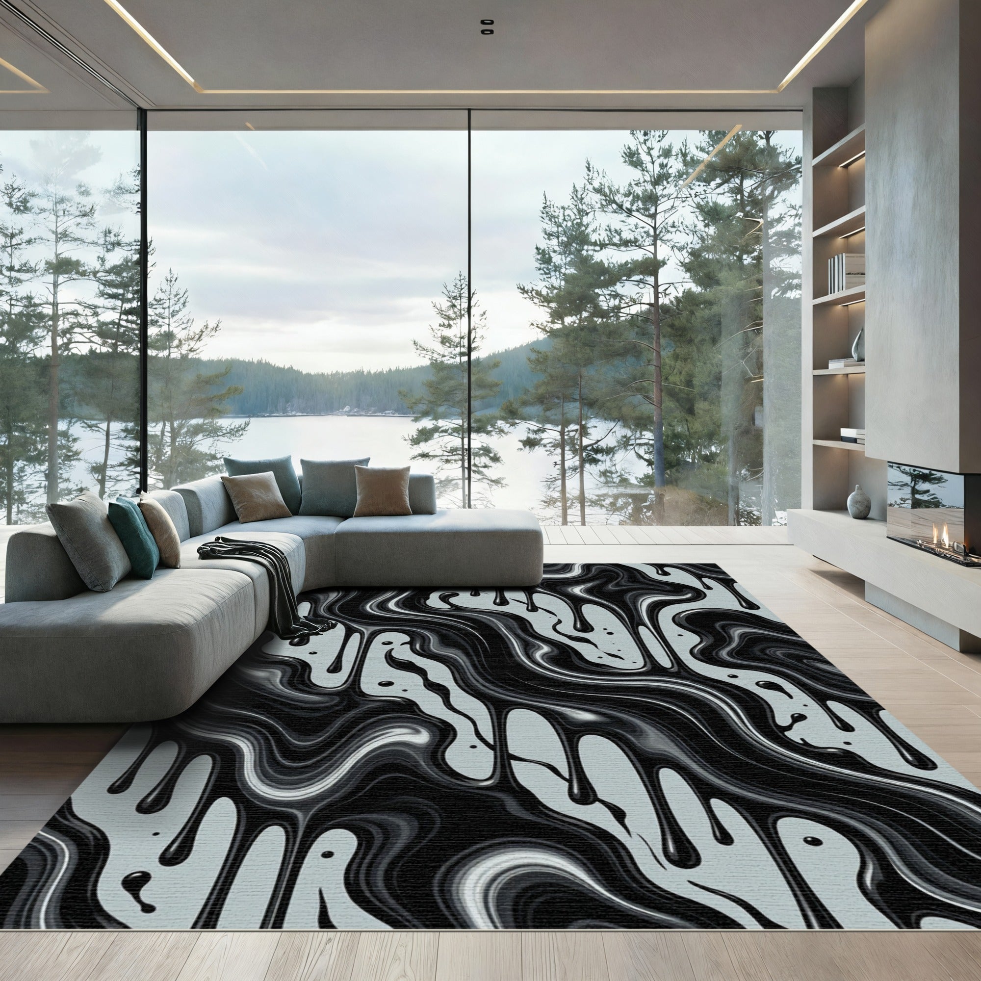 Black Flowing Drip Abstract Liquid Rug