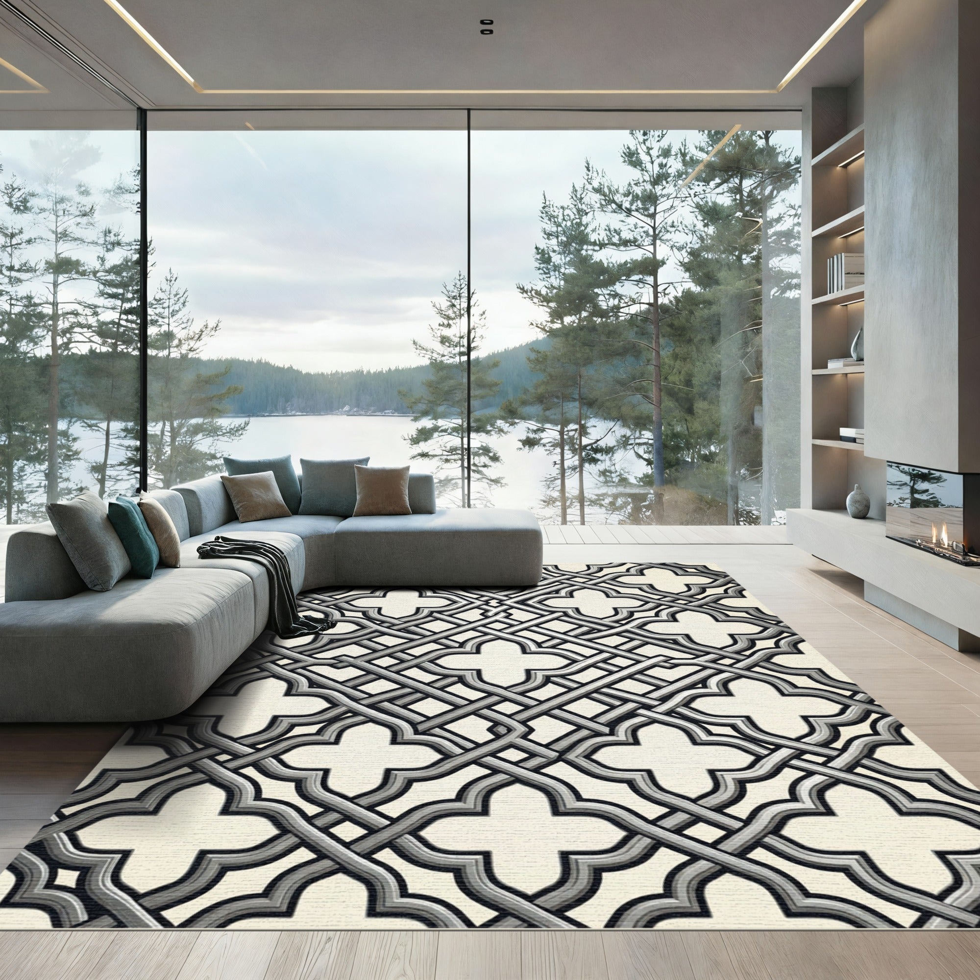 Elegant Gray Interlocking Geometric Lattice Rug