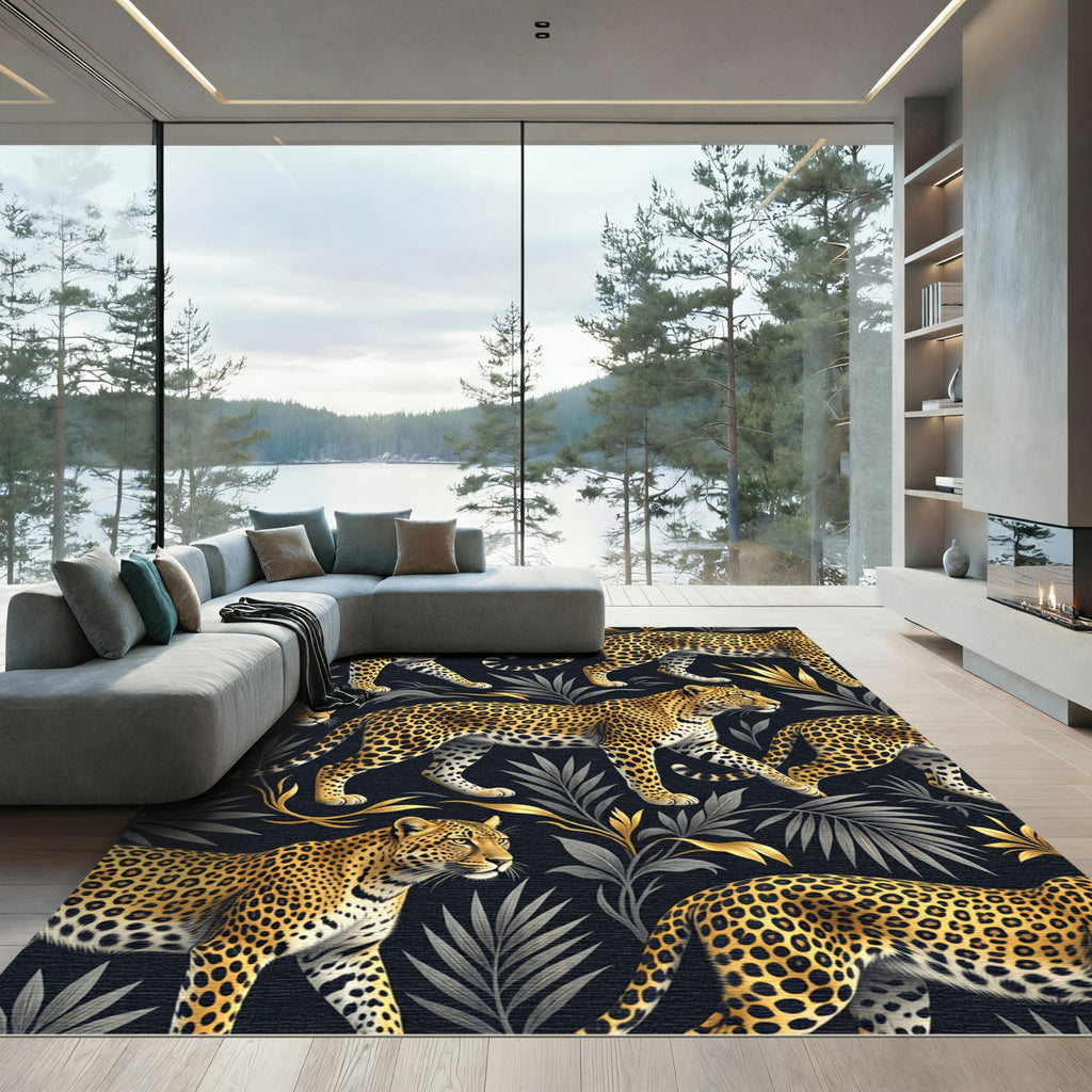 Gold Leopard on Dark Tropical Foliage Rug