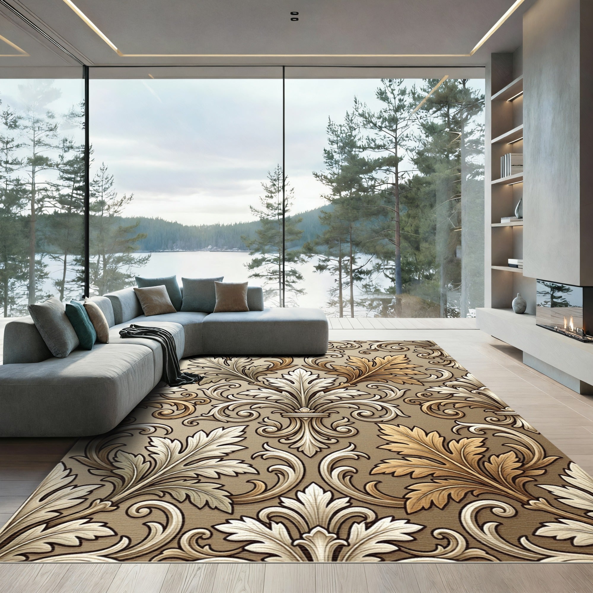 Elegant Gold White Acanthus Leaf Rug