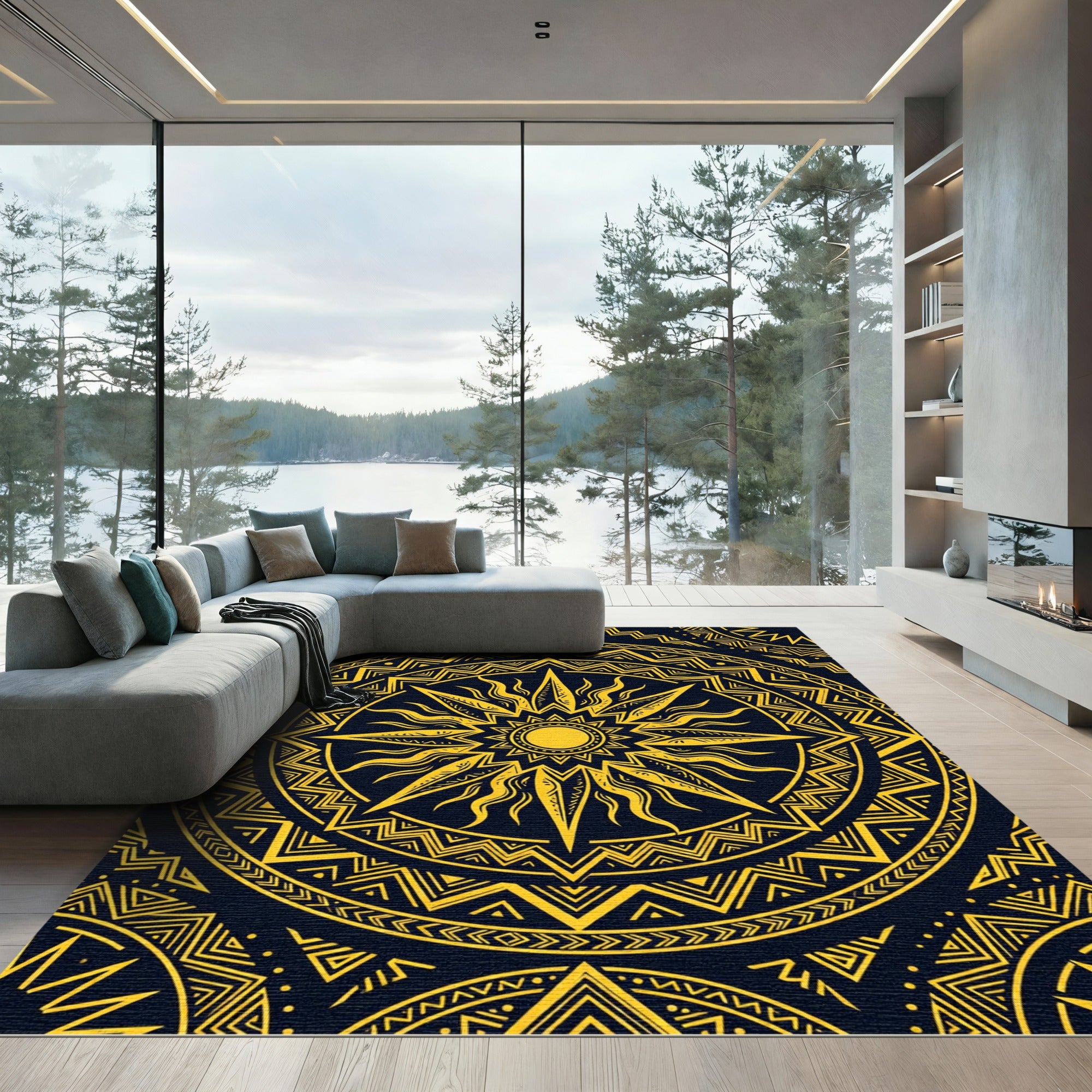 Golden Radiant Sunburst Geometric Mandala Rug