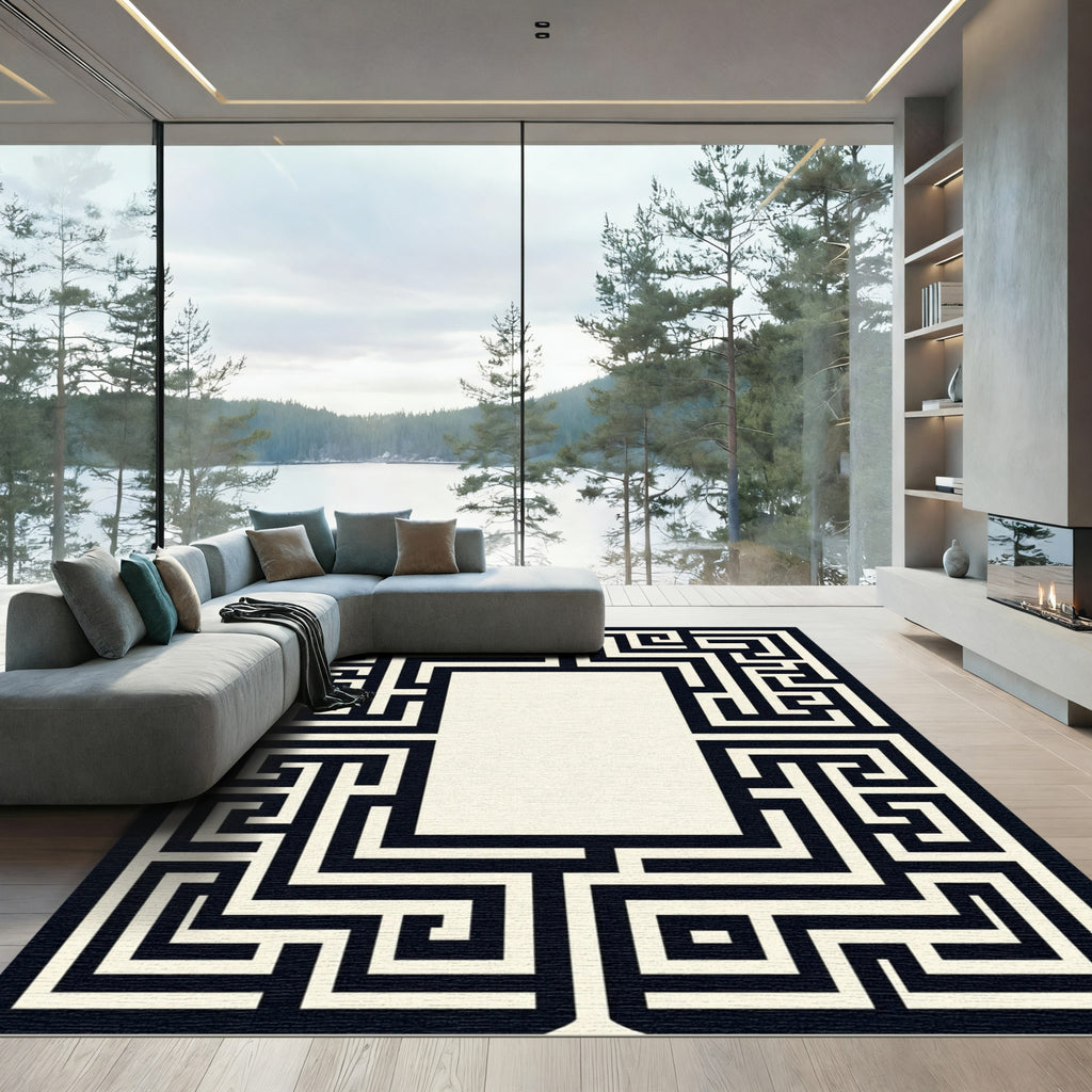 Classic Black Ivory Labyrinth Border Rug