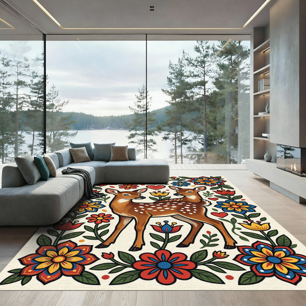 Folk Art Fawn and Floral Meadow Rug