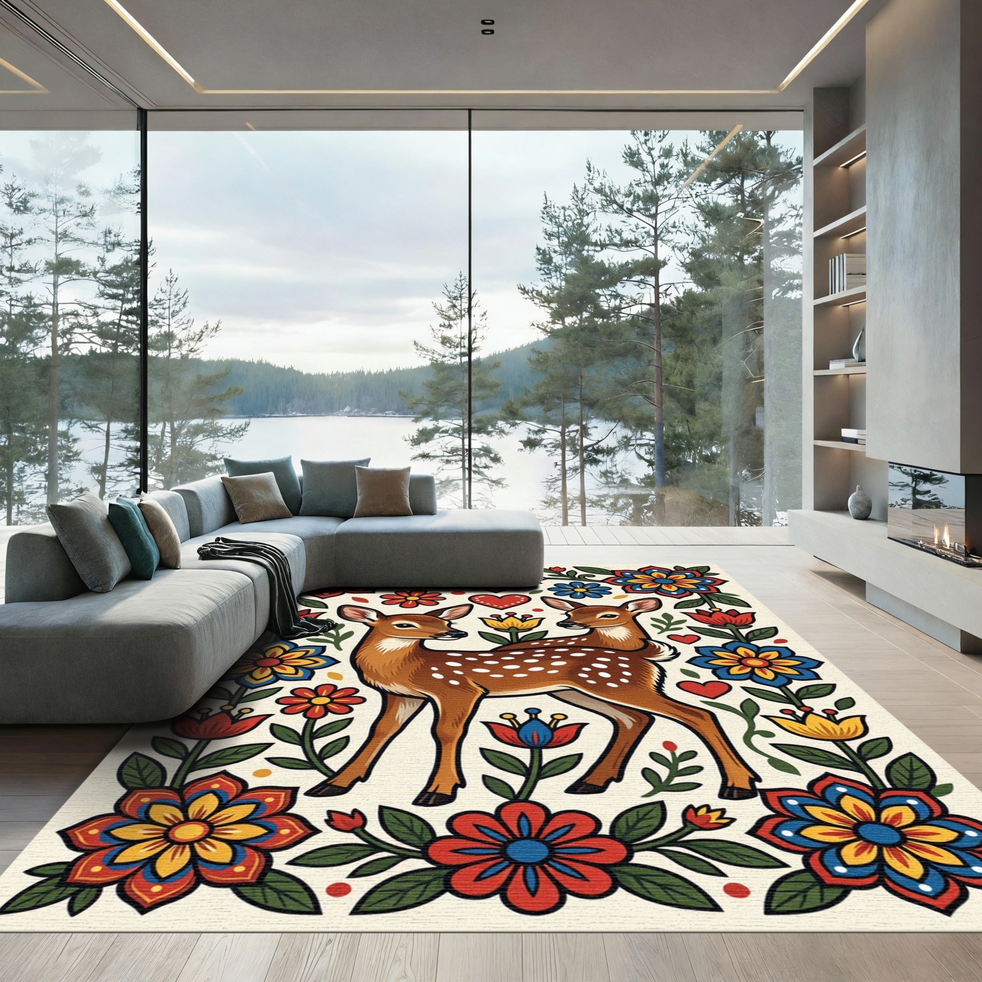 Folk Art Fawn and Floral Meadow Rug