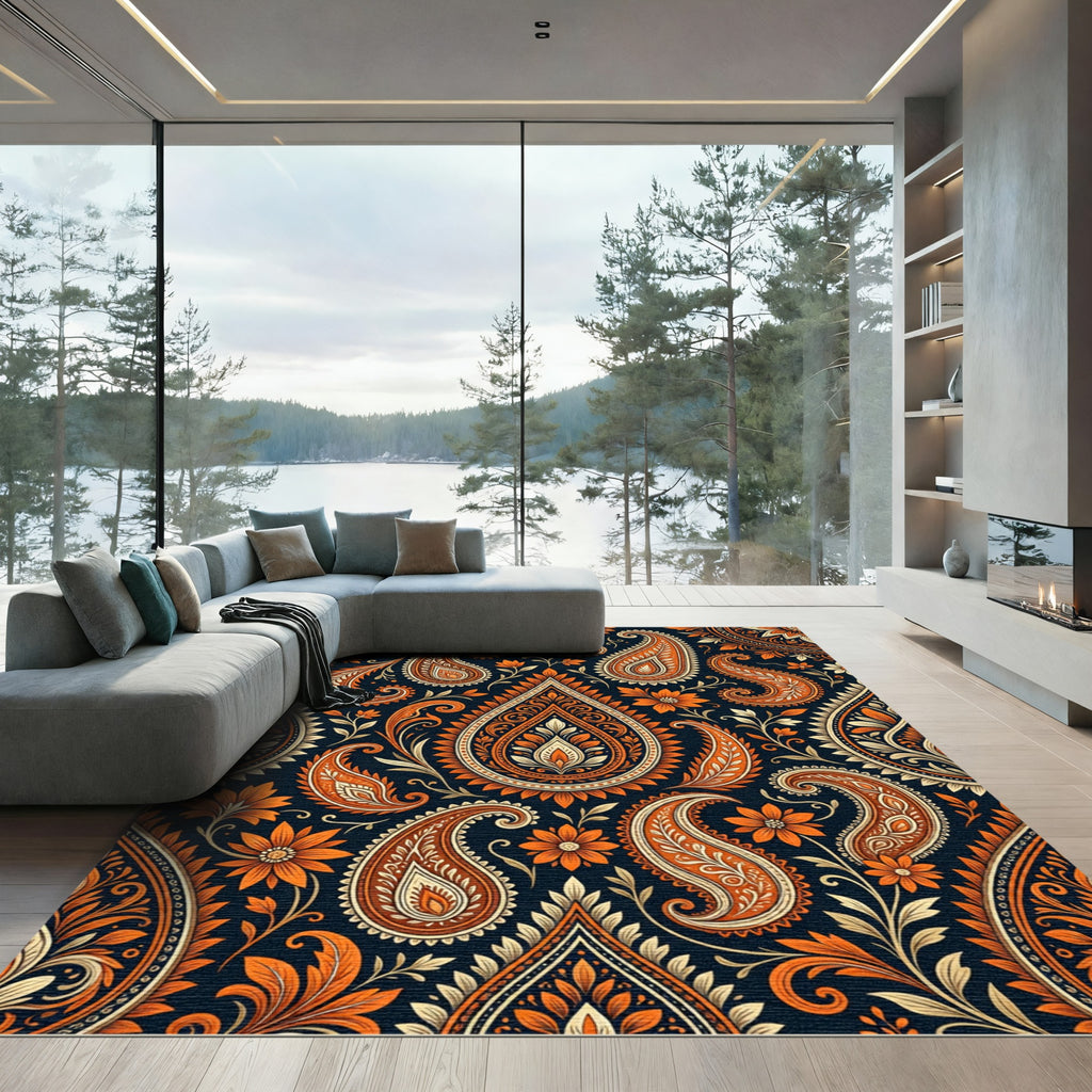 Rich Orange Paisley Floral Medallion Rug
