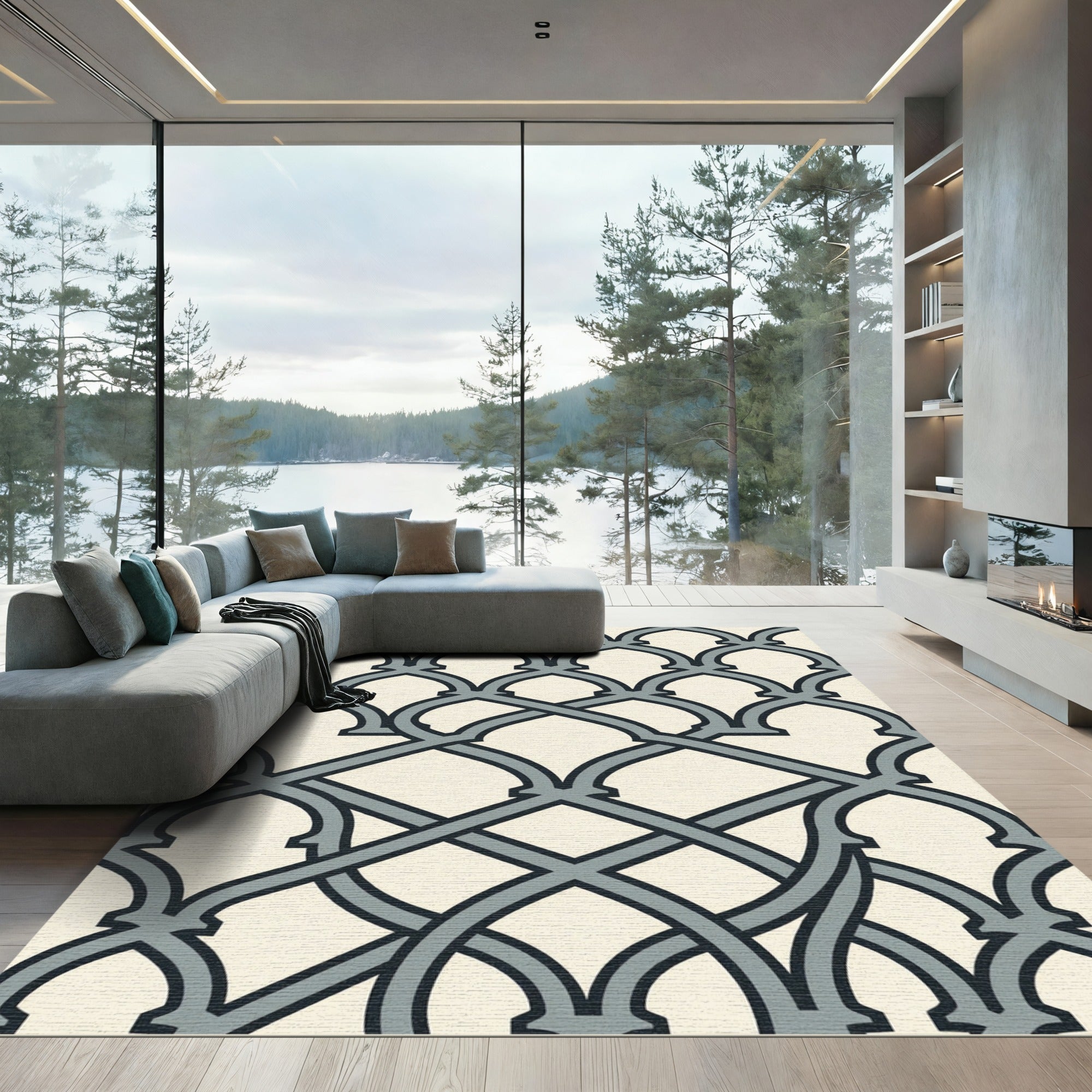 Cream Gray Gothic Arch Lattice Rug