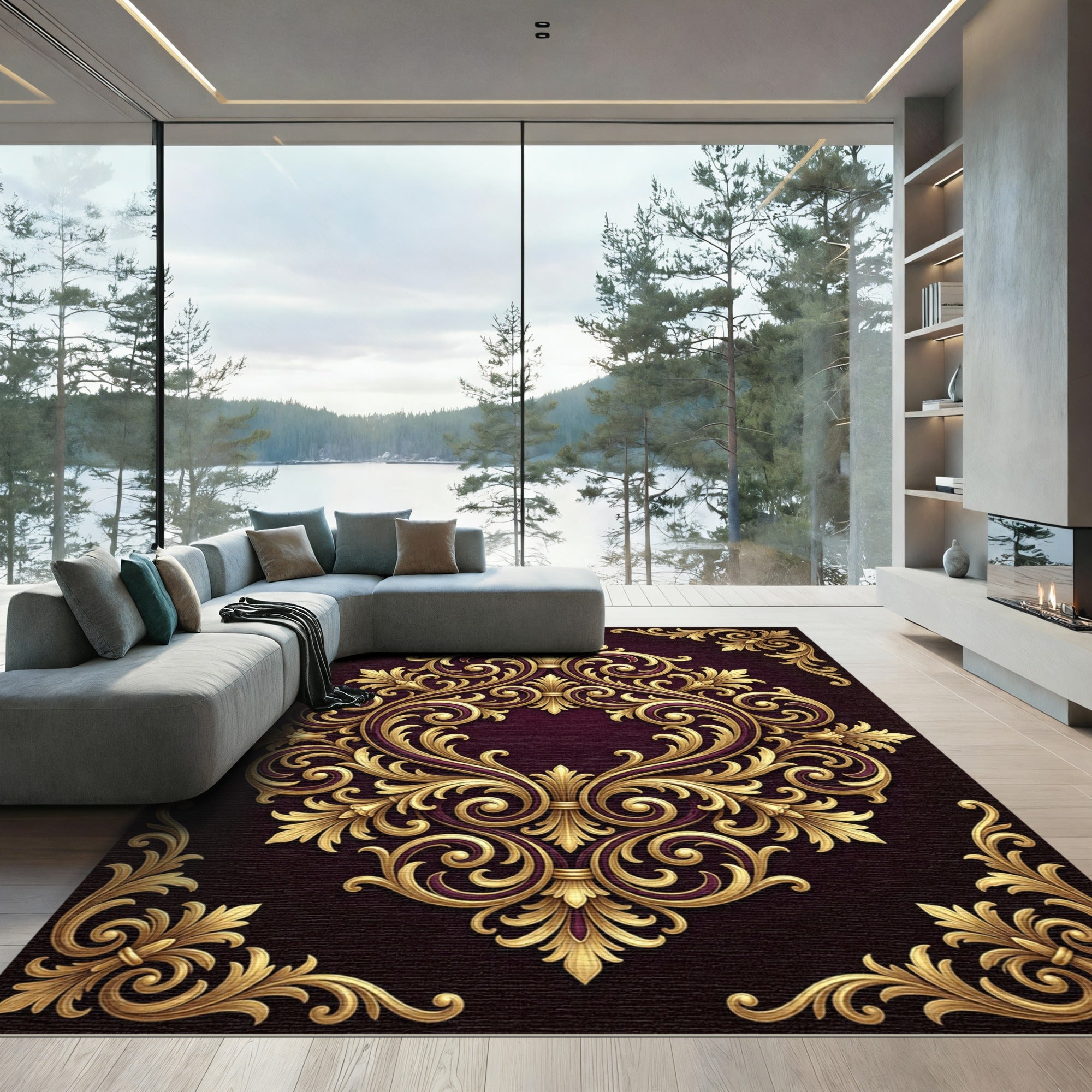 Regal Gold Floral Acanthus Swirls Rug
