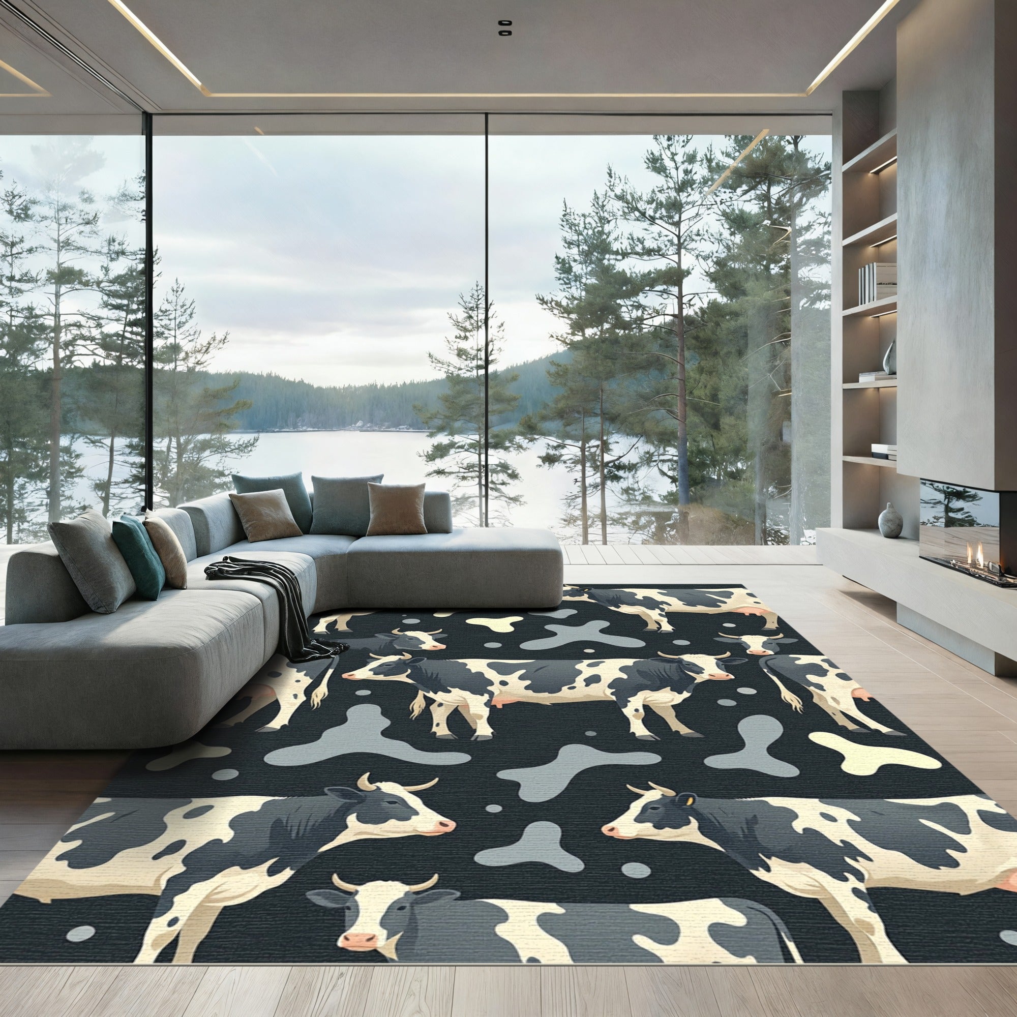Modern Monochrome Holstein Cow Farm Scene Rug