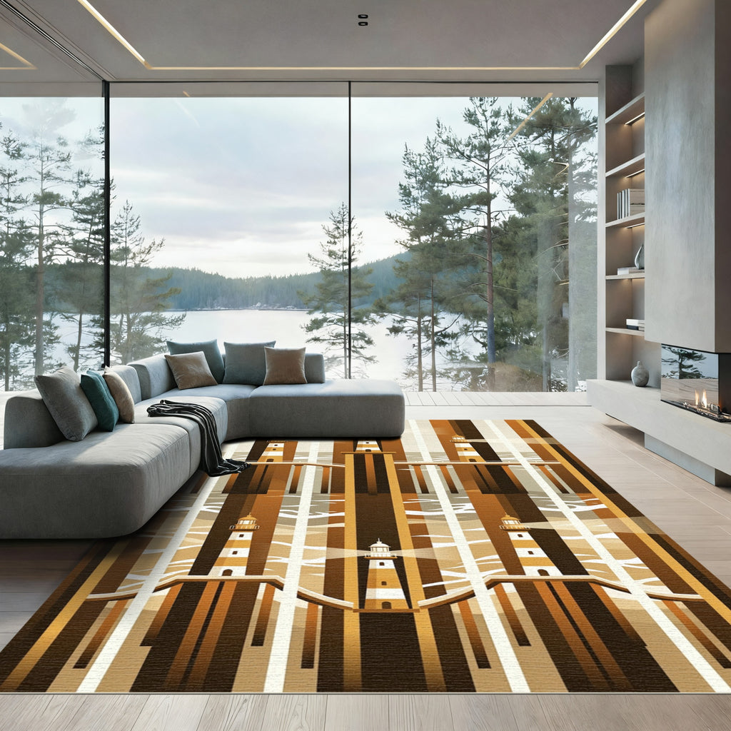 Brown Beige Striped Lighthouse Waterscape Rug