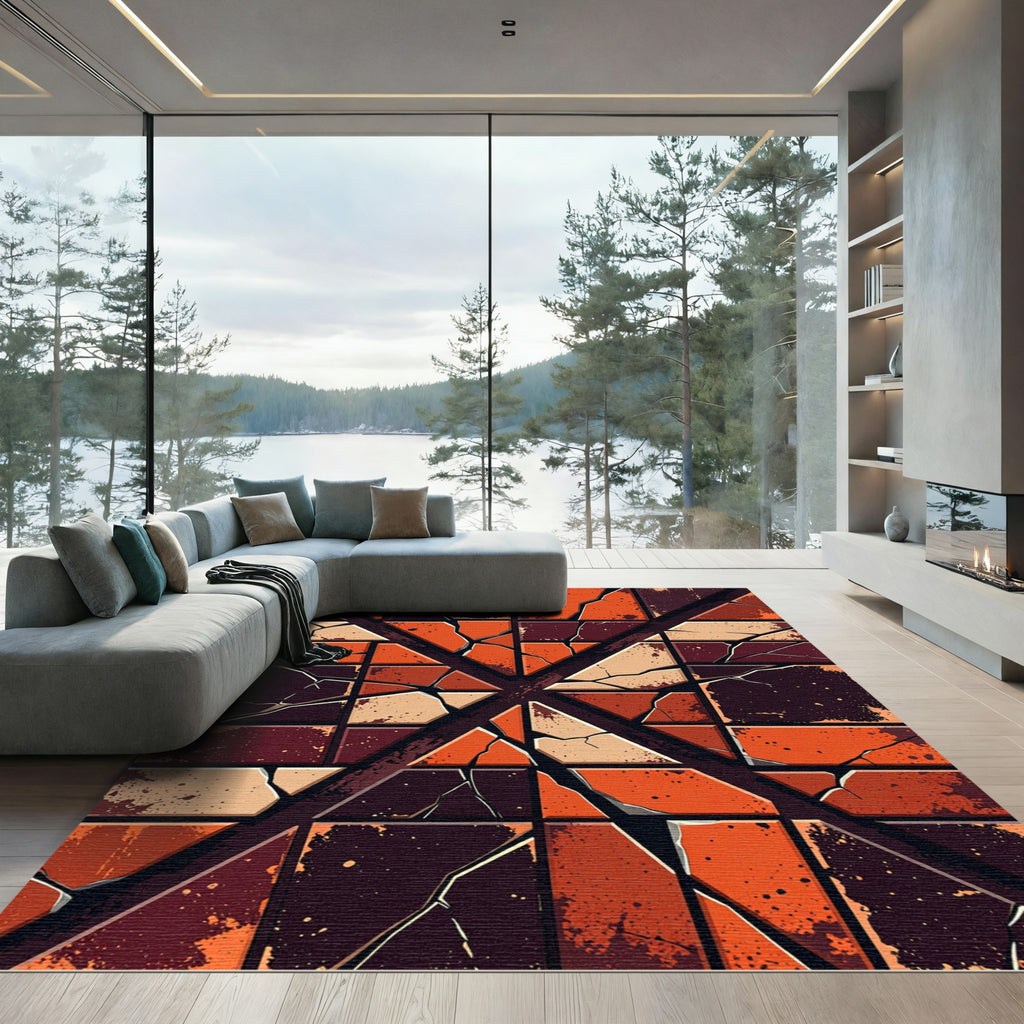 Cracked Earth Tone Geometric Mosaic Rug