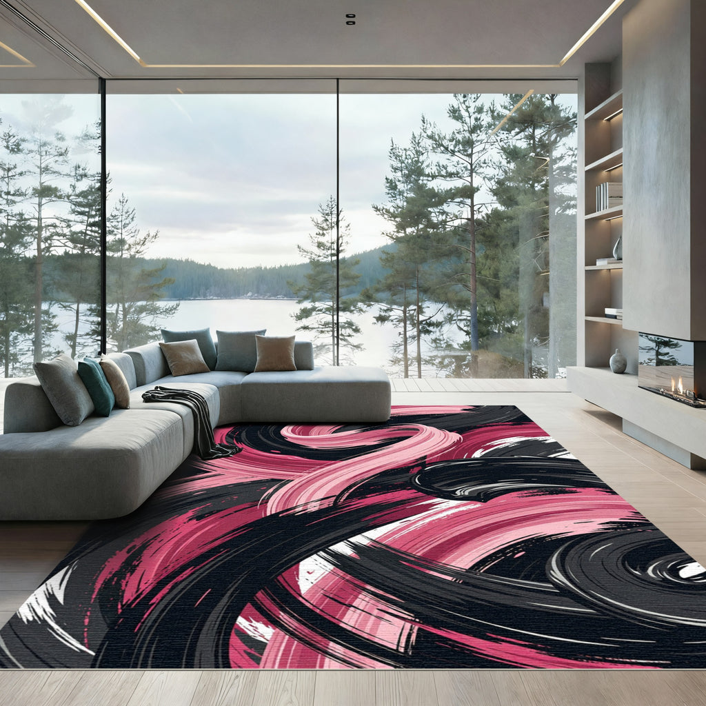 Bold Abstract Pink and Black Swirl Rug