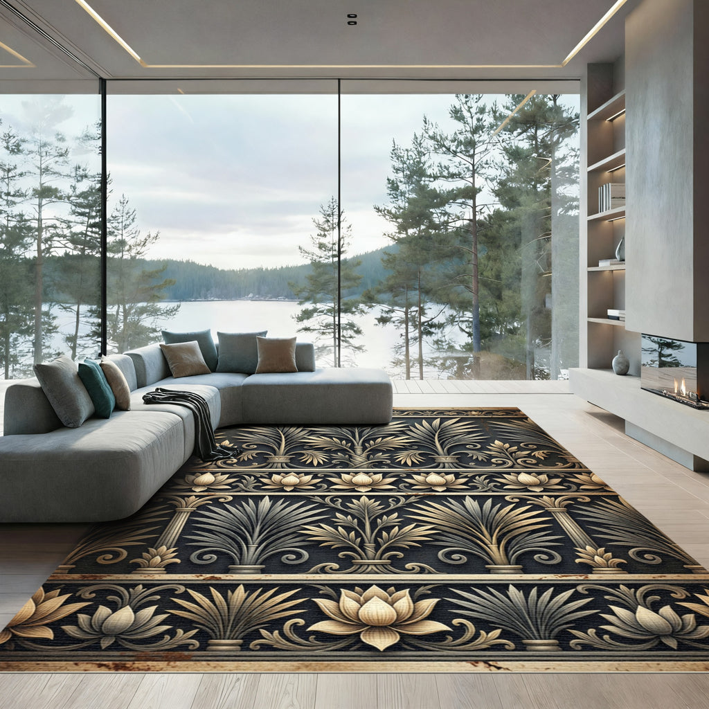 Elegant Gold Gray Lotus Palm Border Rug
