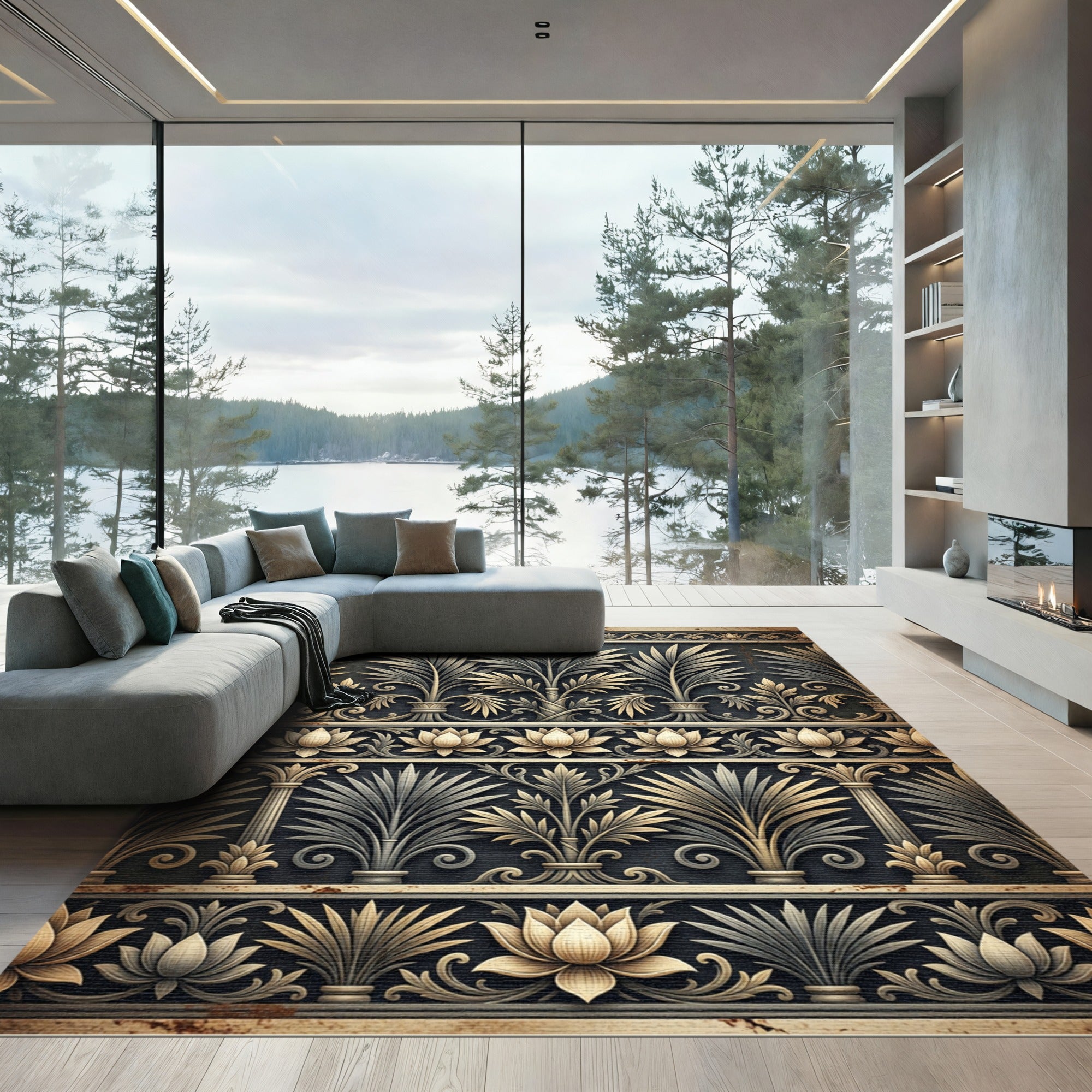 Elegant Gold Gray Lotus Palm Border Rug