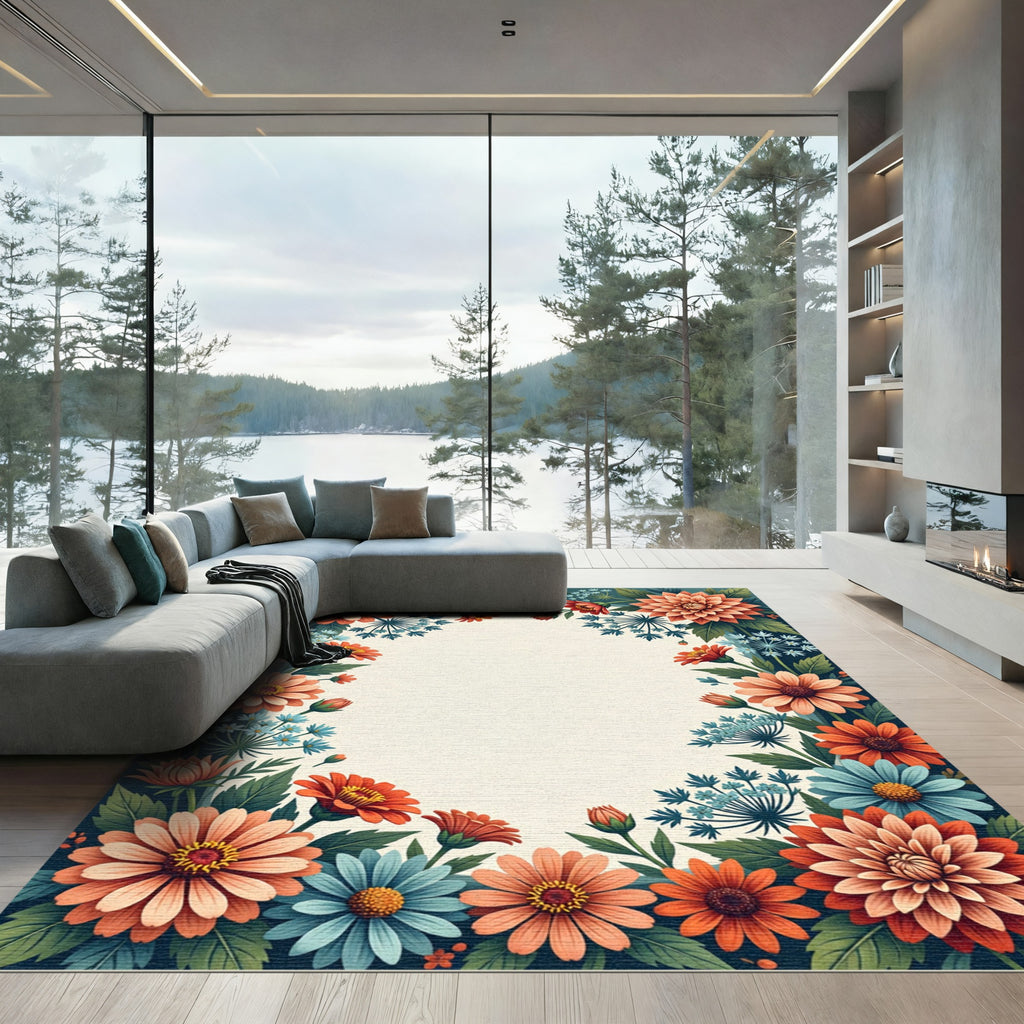 Coral Blue Floral Cluster Frame Rug