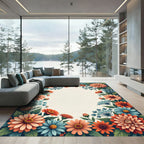Coral Blue Floral Cluster Frame Rug